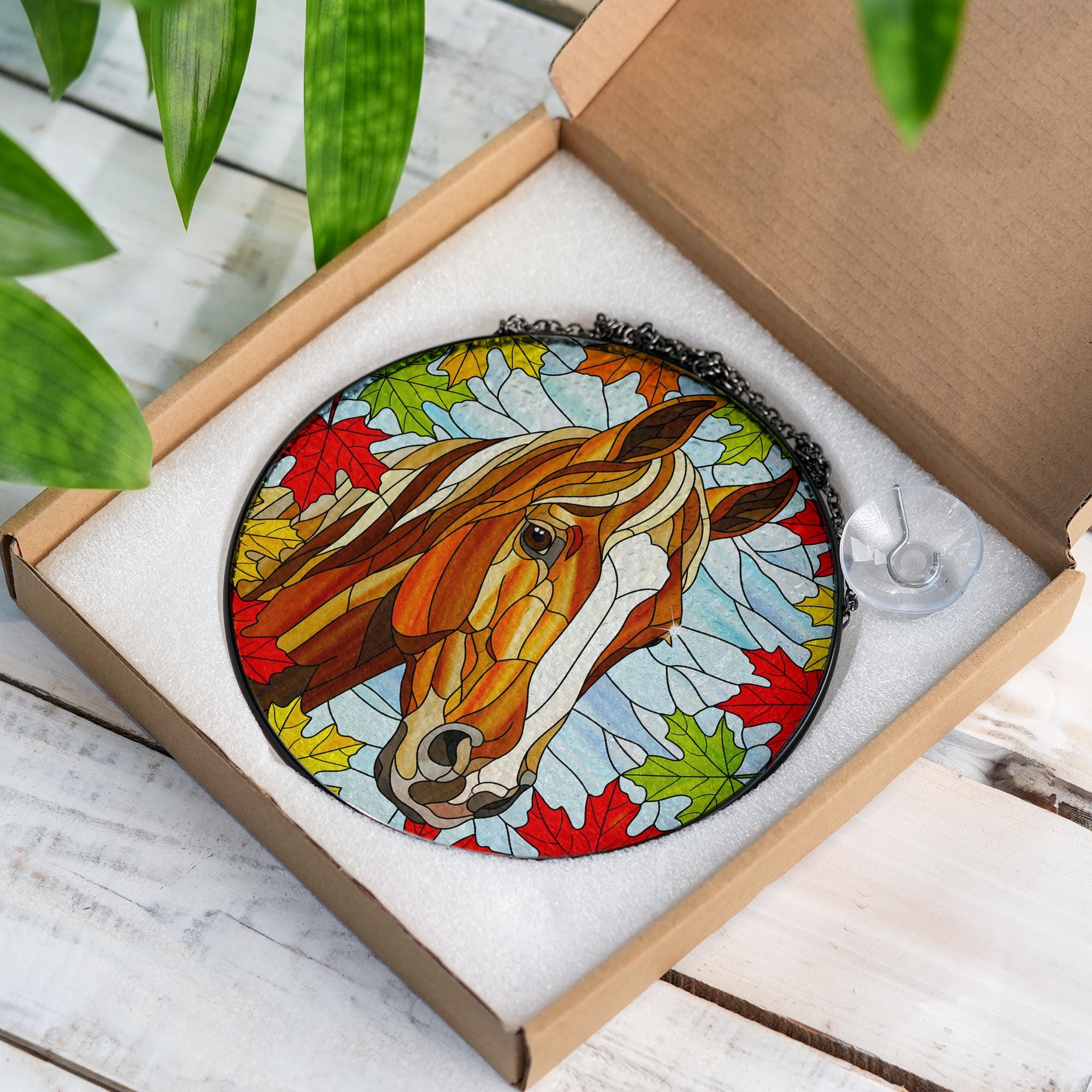 Horse Suncatcher with Autumn Maple Leaves: Equestrian Fall Decor