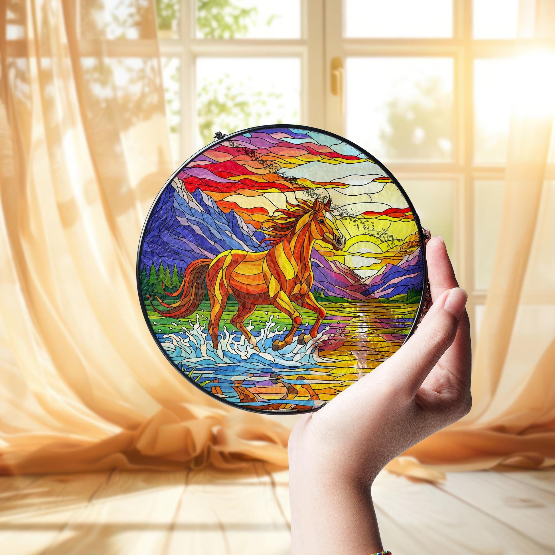 Galloping Horse Glass Suncatcher: Mountain Sunset Window Art
