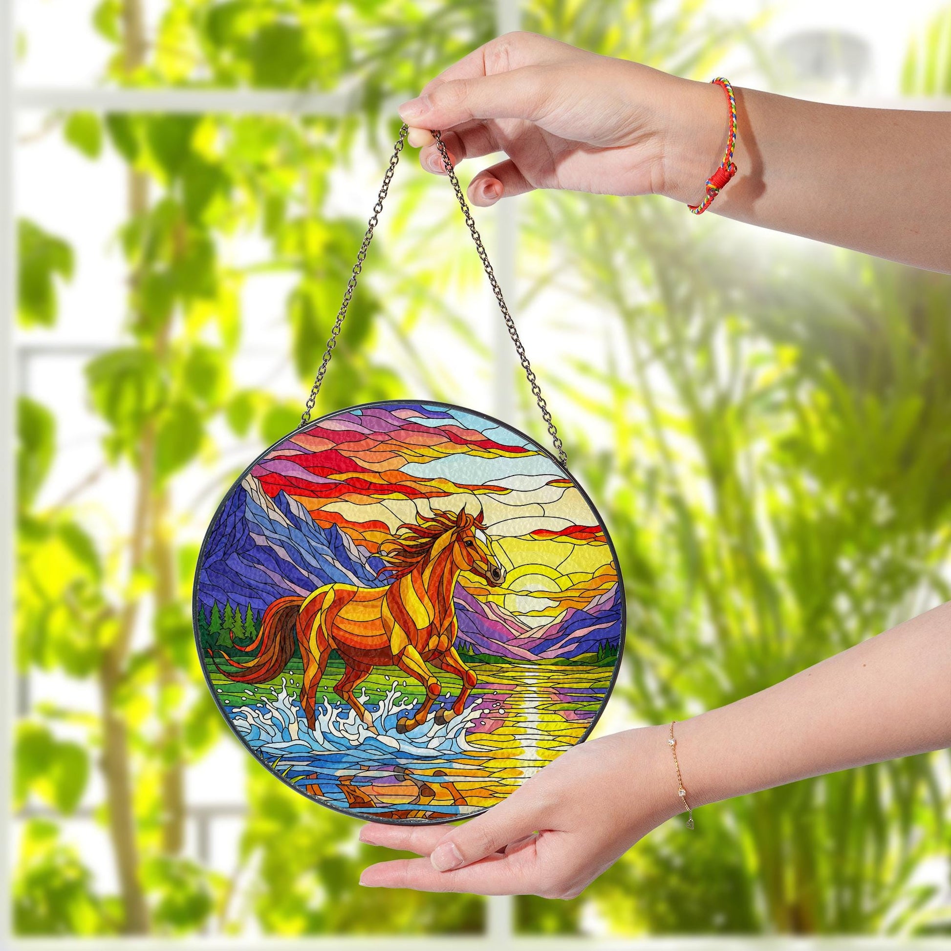 Galloping Horse Glass Suncatcher: Mountain Sunset Window Art
