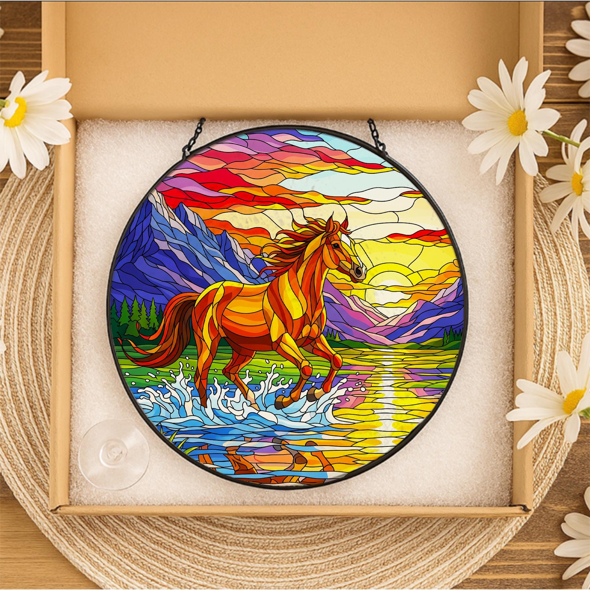 Galloping Horse Glass Suncatcher: Mountain Sunset Window Art