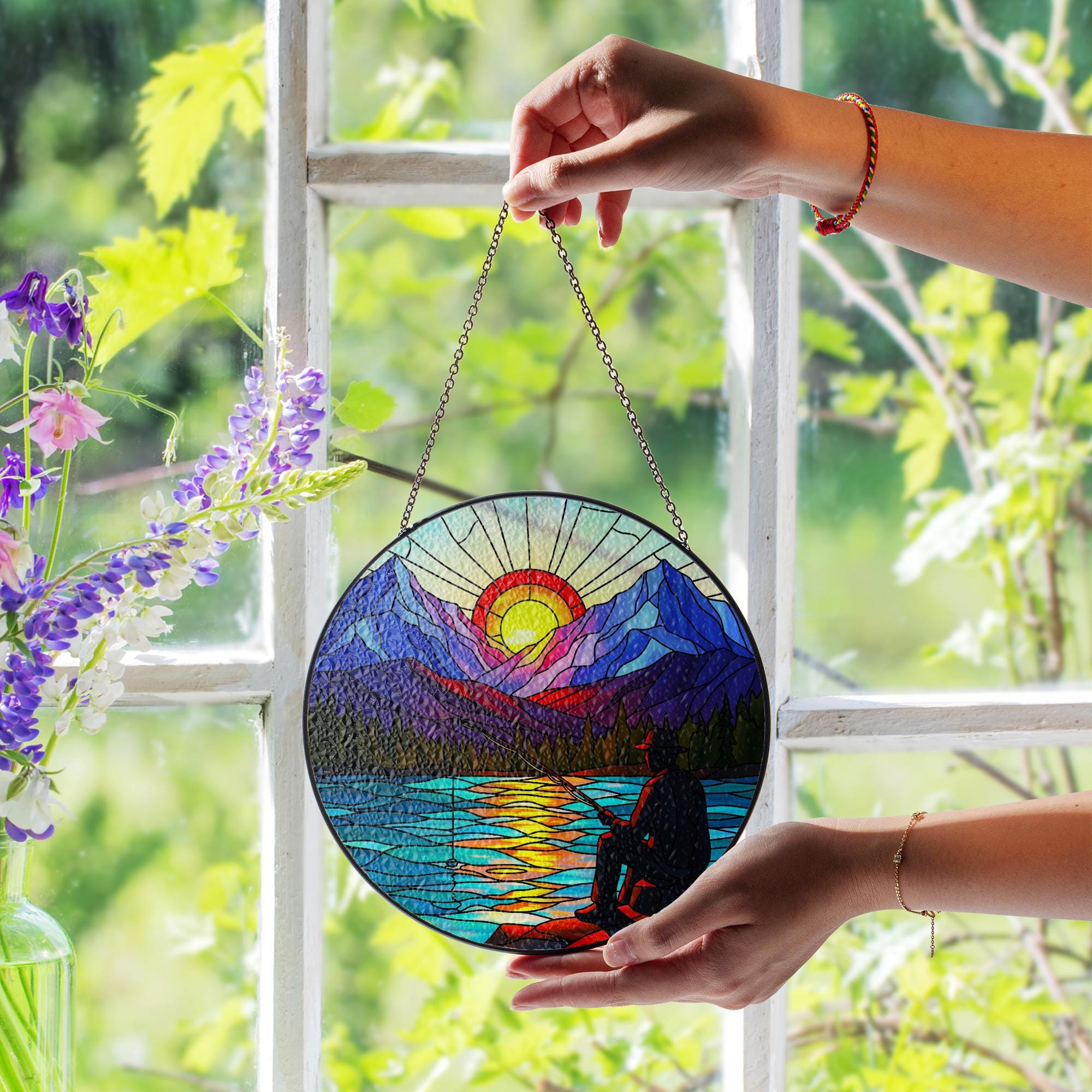 Fishing Gift for Dad, Mountain Glass Suncatcher, Fisherman Sunset Lake Window Hanging, Nature Landscape Art, Rustic Cabin Wall Decor