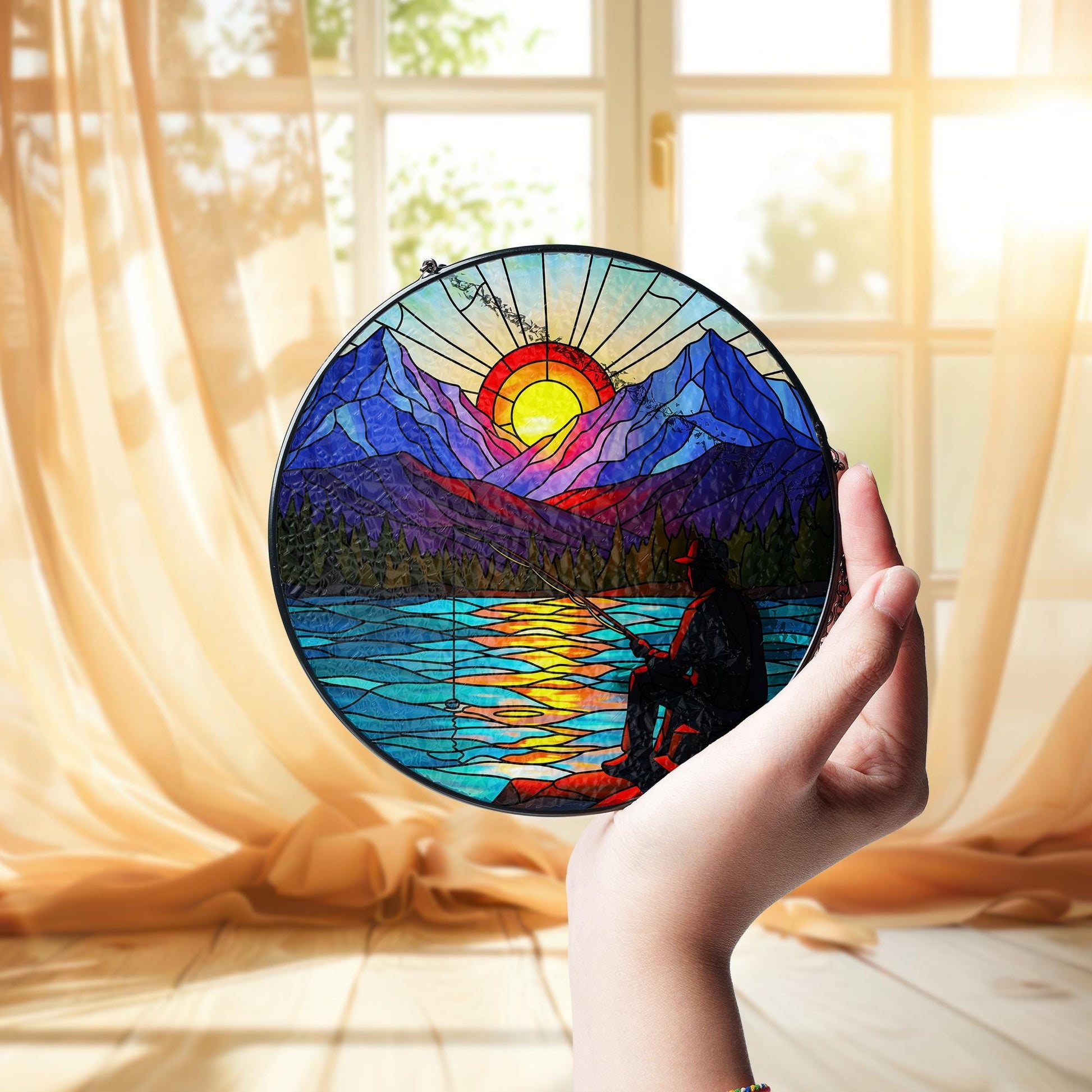 Fishing Gift for Dad, Mountain Glass Suncatcher, Fisherman Sunset Lake Window Hanging, Nature Landscape Art, Rustic Cabin Wall Decor