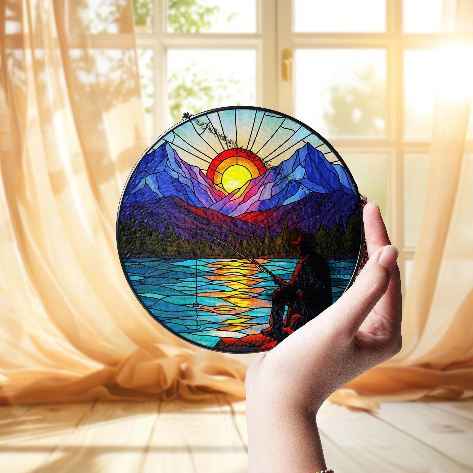 Fishing Gift for Dad, Mountain Glass Suncatcher, Fisherman Sunset Lake Window Hanging, Nature Landscape Art, Rustic Cabin Wall Decor