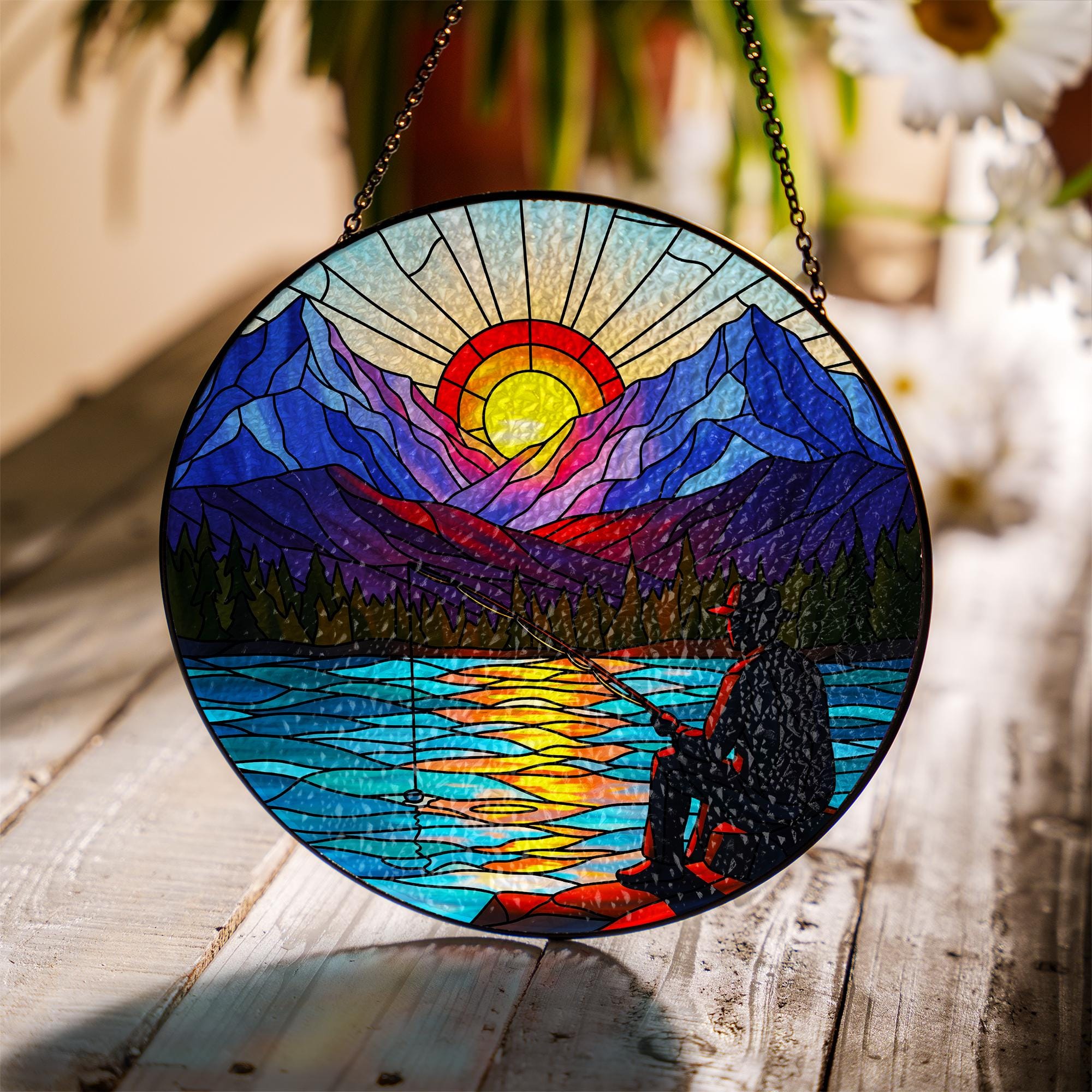 Fishing Gift for Dad, Mountain Glass Suncatcher, Fisherman Sunset Lake Window Hanging, Nature Landscape Art, Rustic Cabin Wall Decor