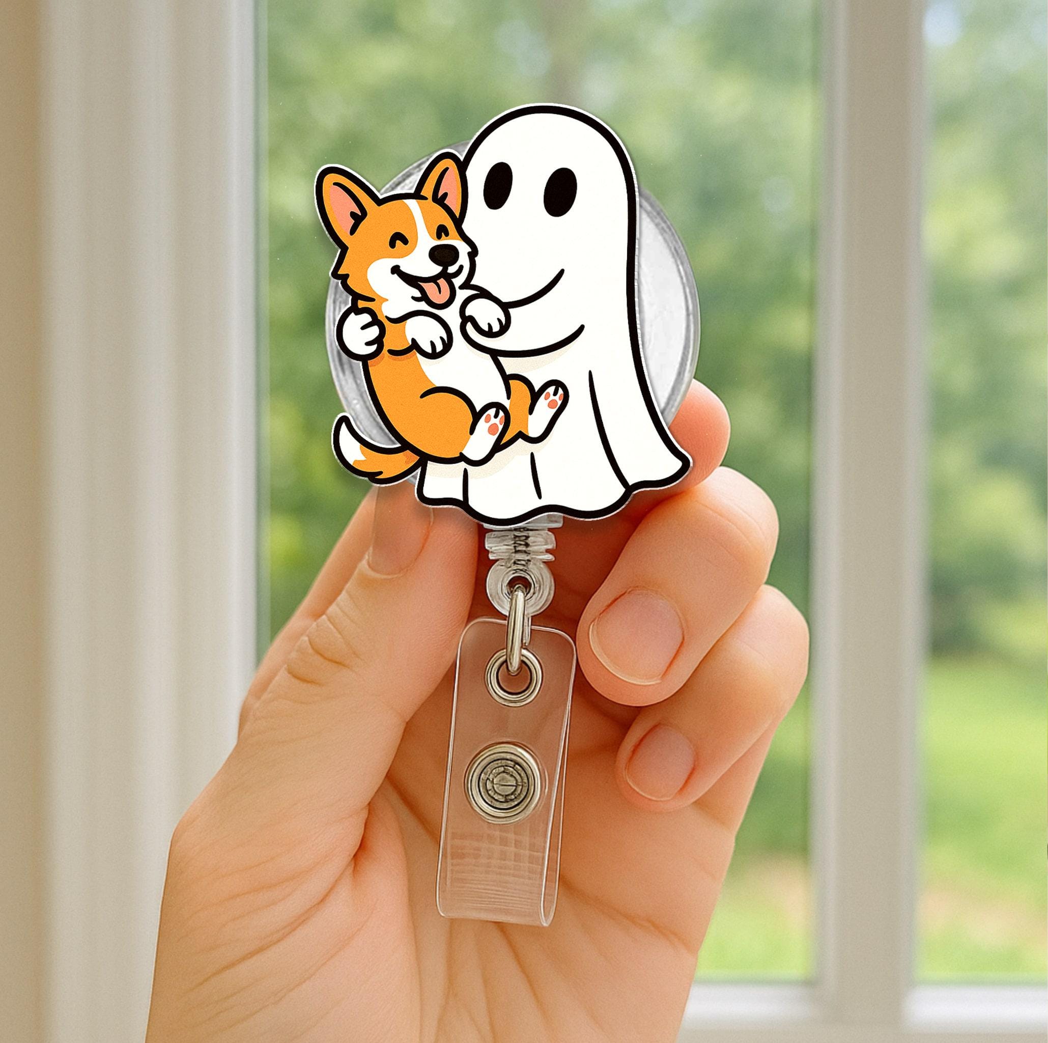 Cute Ghost & Puppy Badge Reel – Nurse ID Retractable Holder Dog Ghost Design