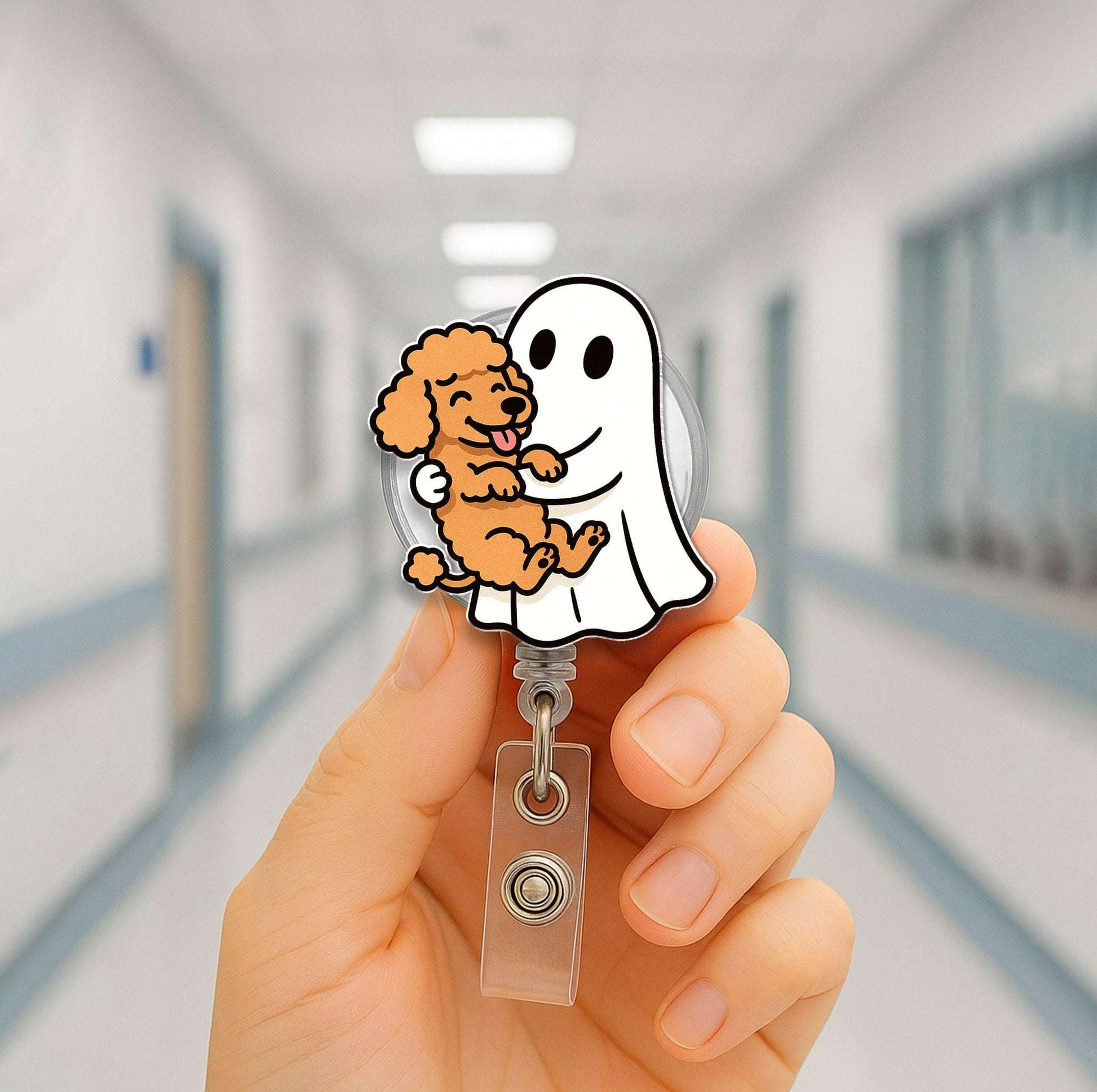 Cute Ghost & Puppy Badge Reel – Nurse ID Retractable Holder Dog Ghost Design