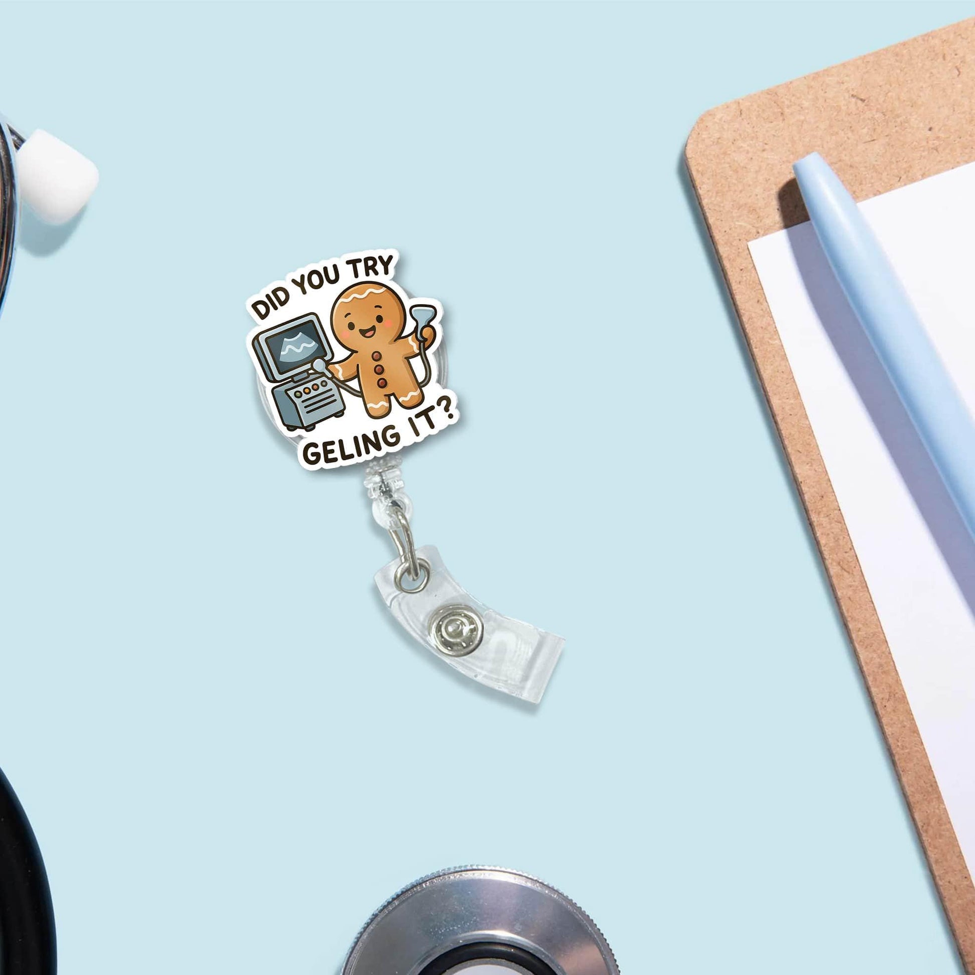 Gingerbread Nurse Badge Reel - “Did You Try Geling It?” Funny Christmas ID Holder Clip