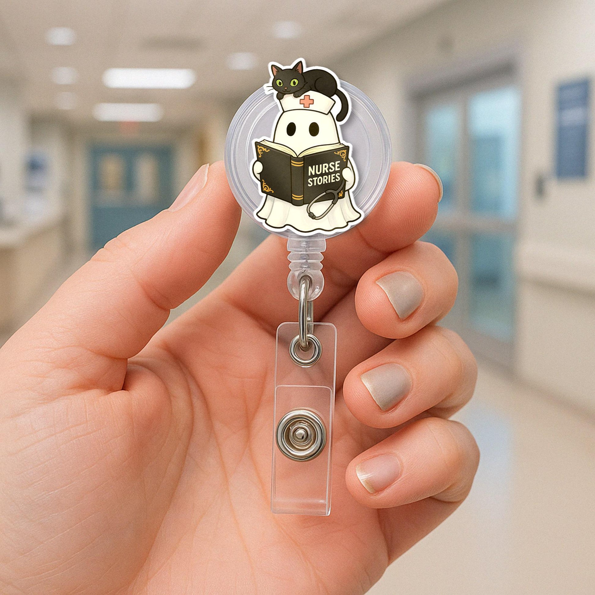Ghost Nurse Badge Reel: Black Cat Halloween ID Holder