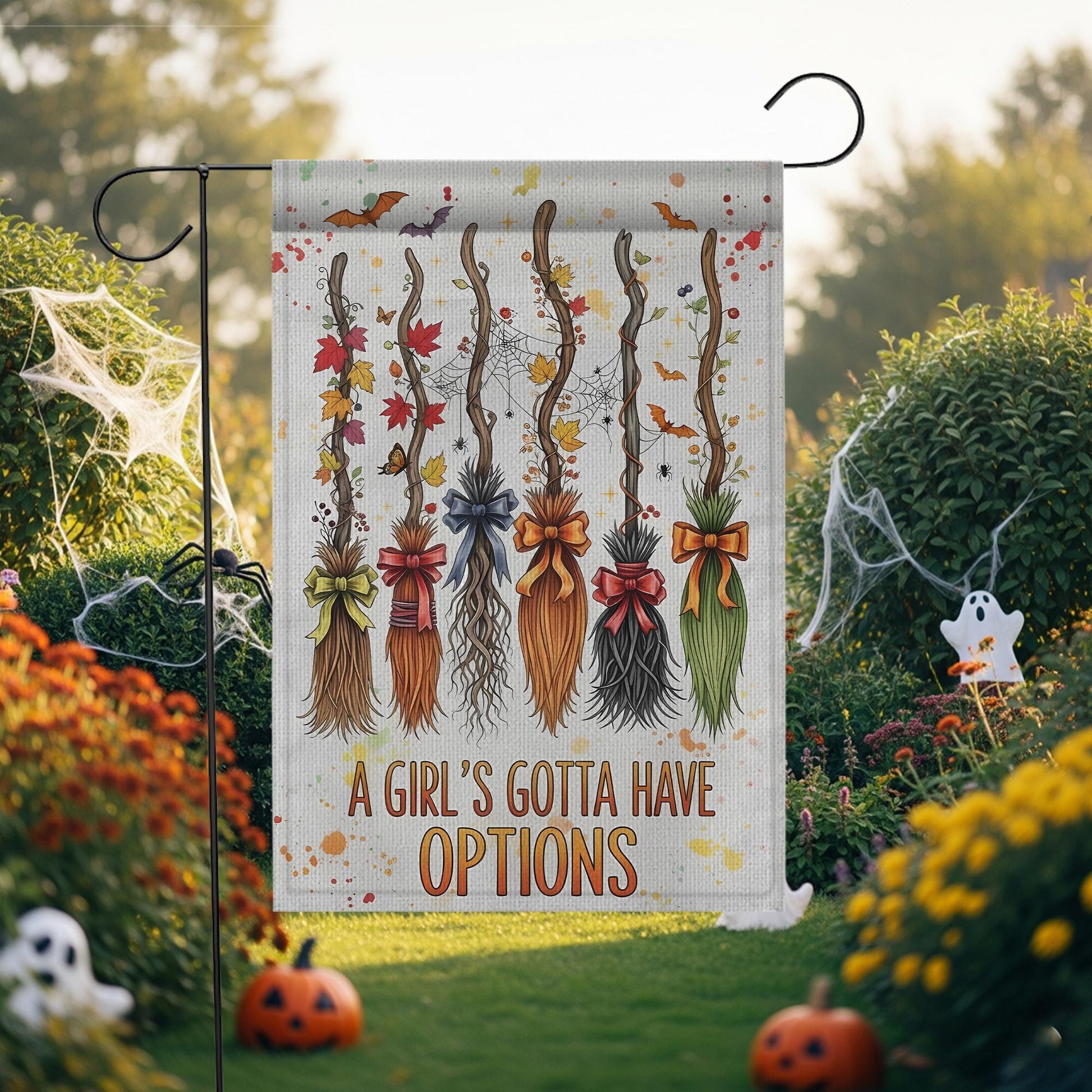 Witchy Halloween Garden Flag, A Girl's Gotta Have Options, Autumn Porch Decor