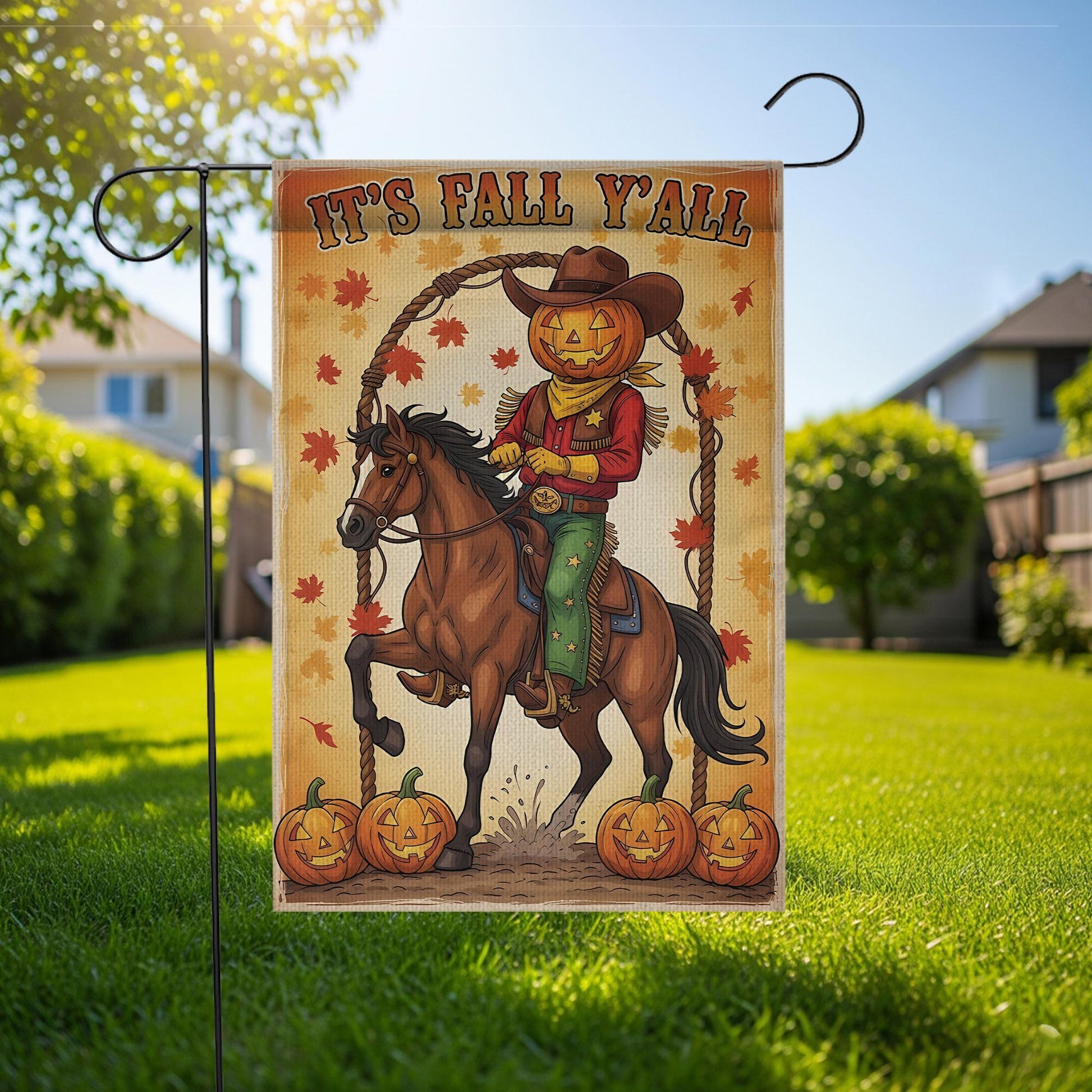 Pumpkin Cowboy Fall Garden Flag, It's Fall Y'all, Rustic Western Porch Decor