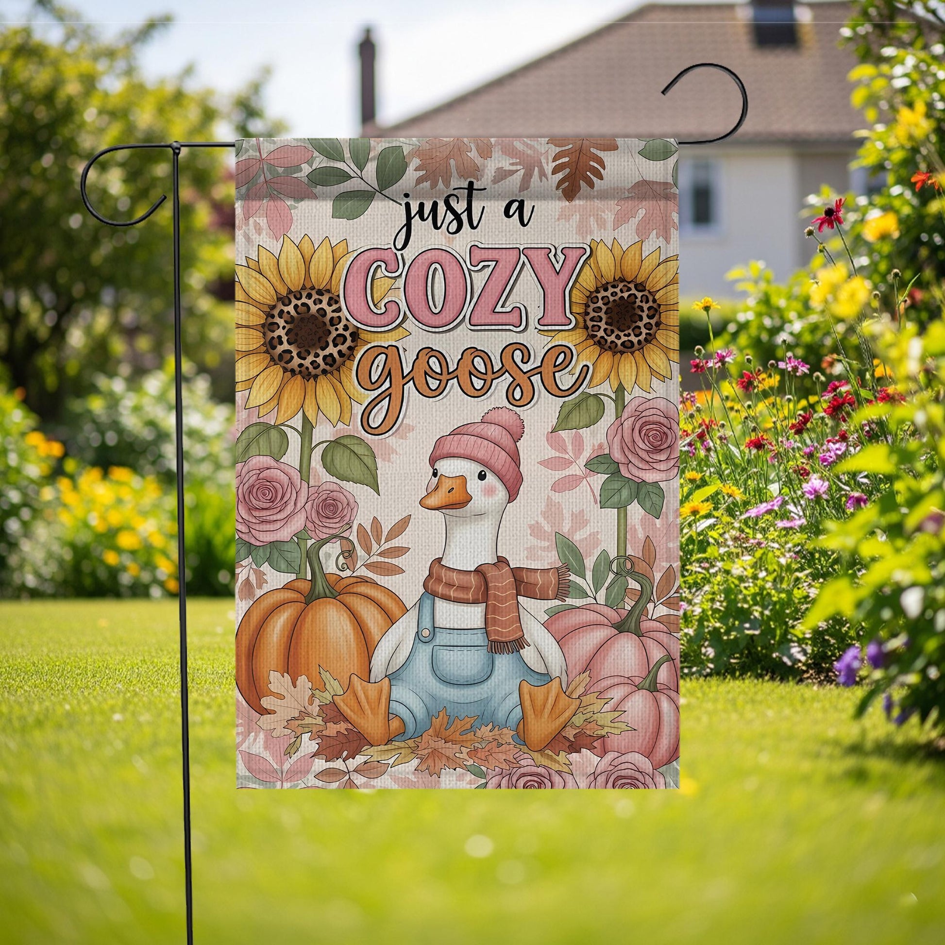 Fall Garden Flag: Sunflower, Pumpkin, Cozy Goose - Farmhouse Decor