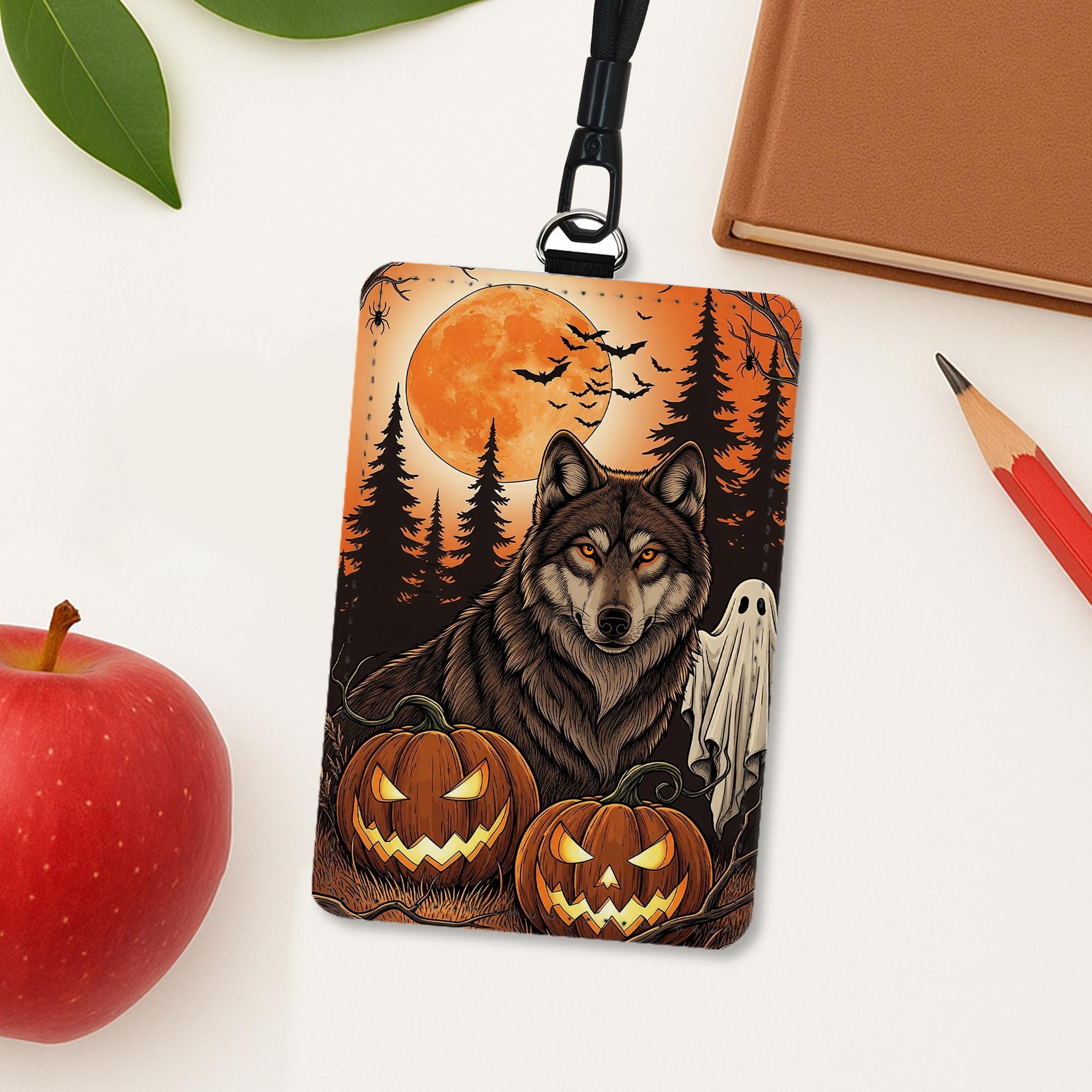 Halloween Wolf Badge Holder: Spooky Gothic Lanyard, PU Leather
