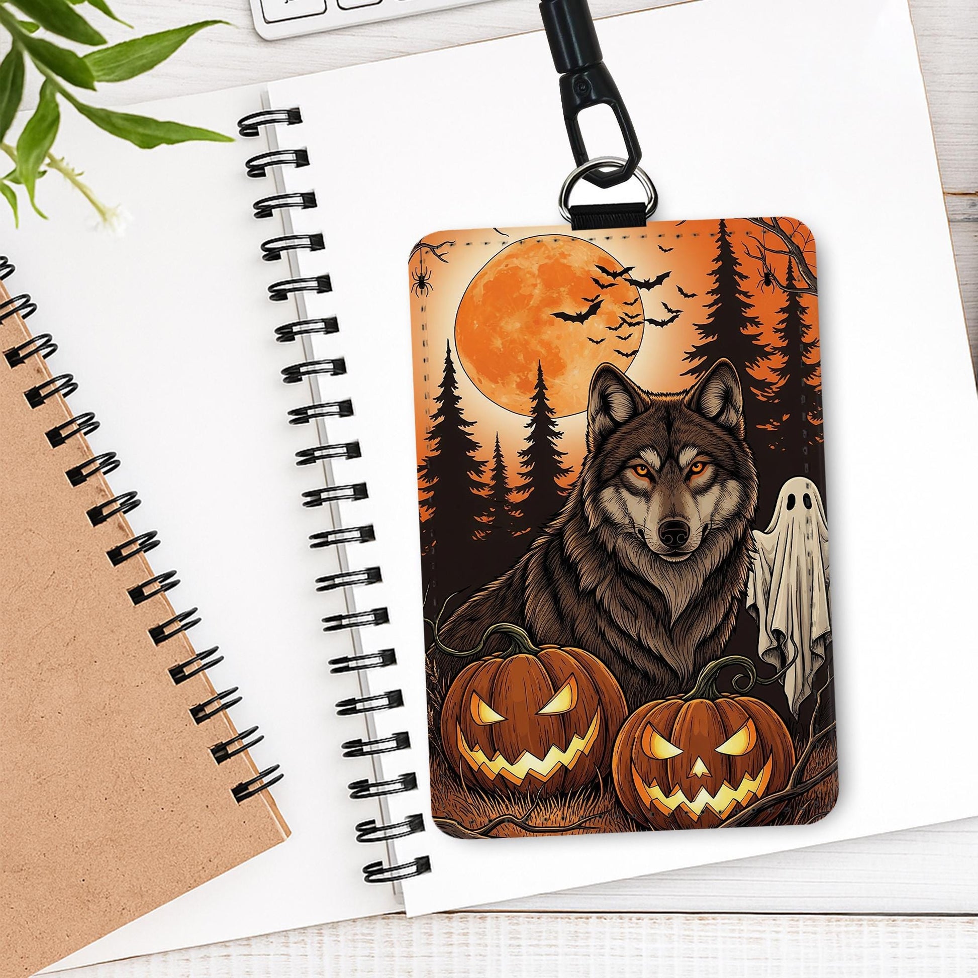 Halloween Wolf Badge Holder: Spooky Gothic Lanyard, PU Leather