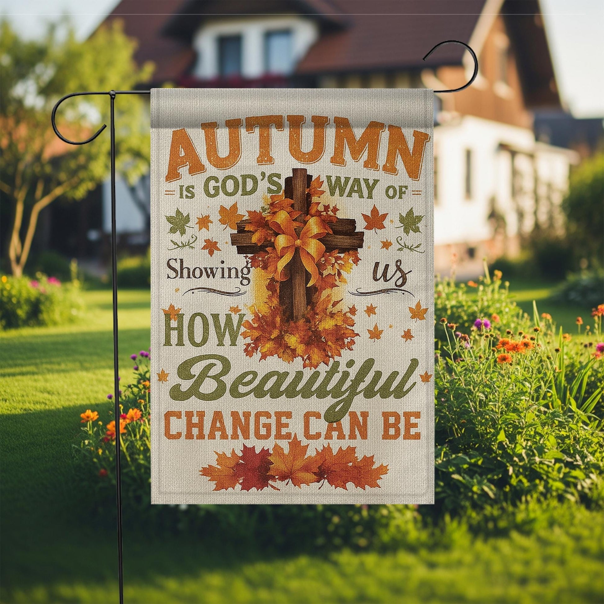Christian Autumn Garden Flag, Faith-Based Fall Decor with Cross, Farmhouse Thanksgiving Outdoor Decoration