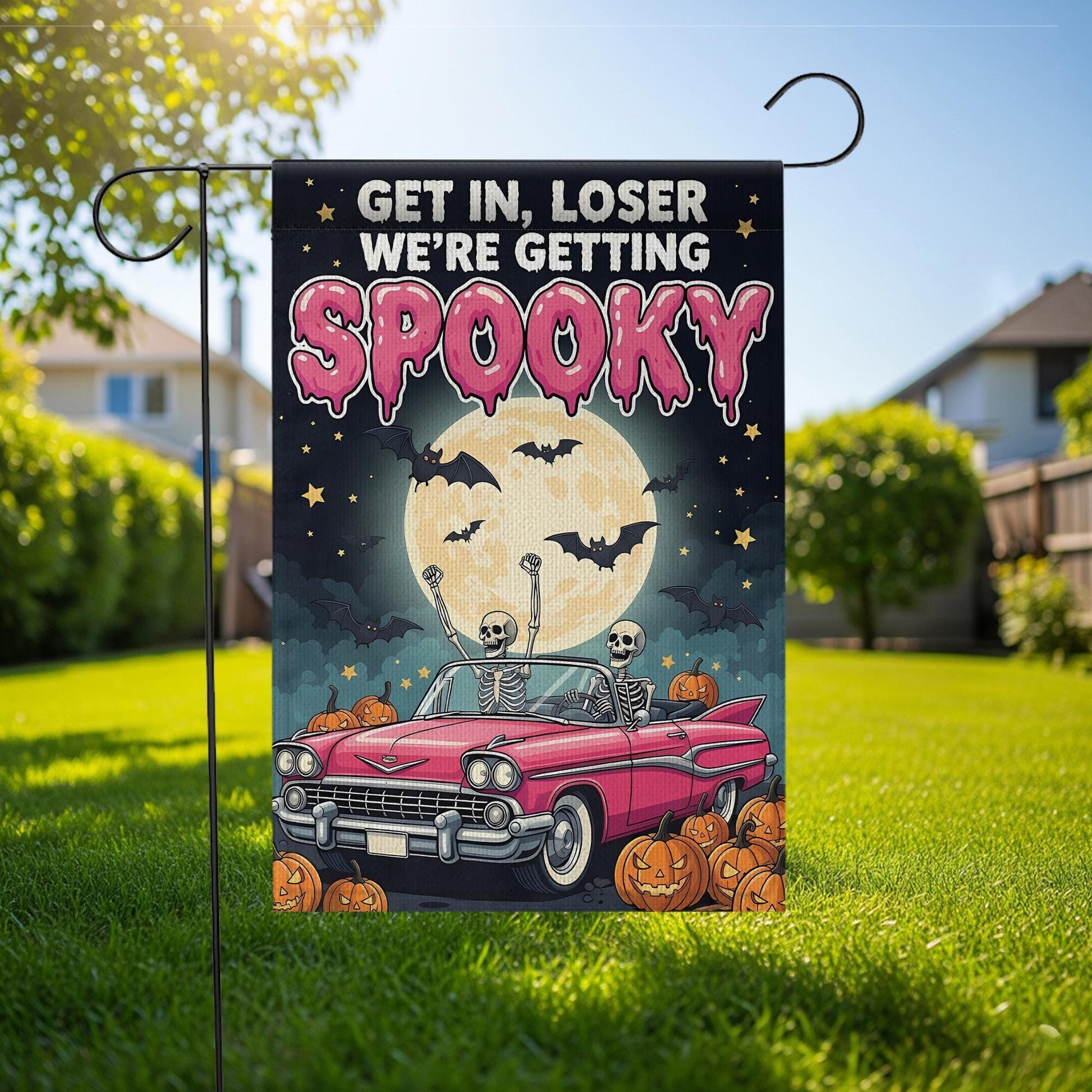Funny Halloween Garden Flag: Spooky Skeletons in Pink Car