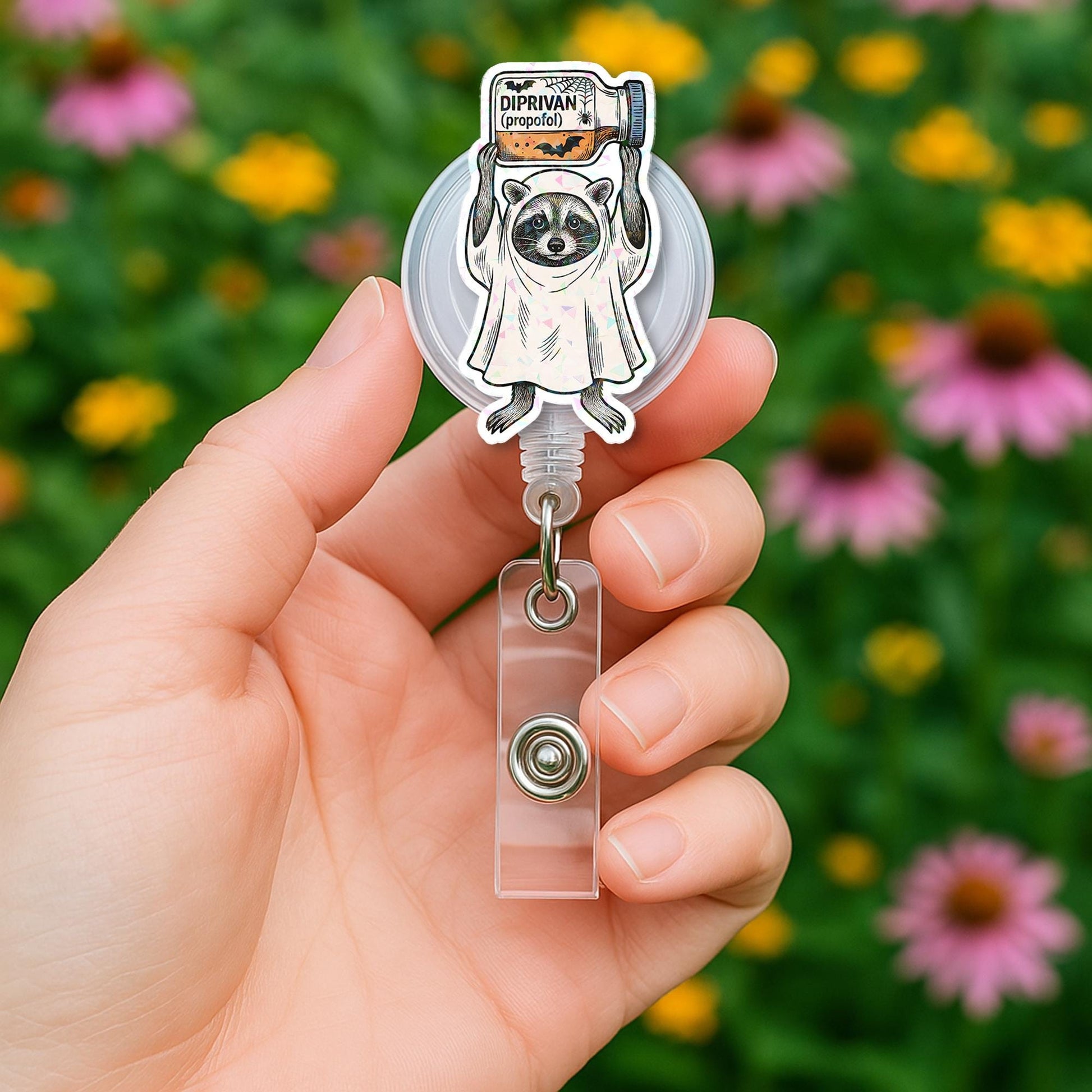 Raccoon Nurse Badge Reel – Halloween ICU Holographic ID Holder for Medical Staff