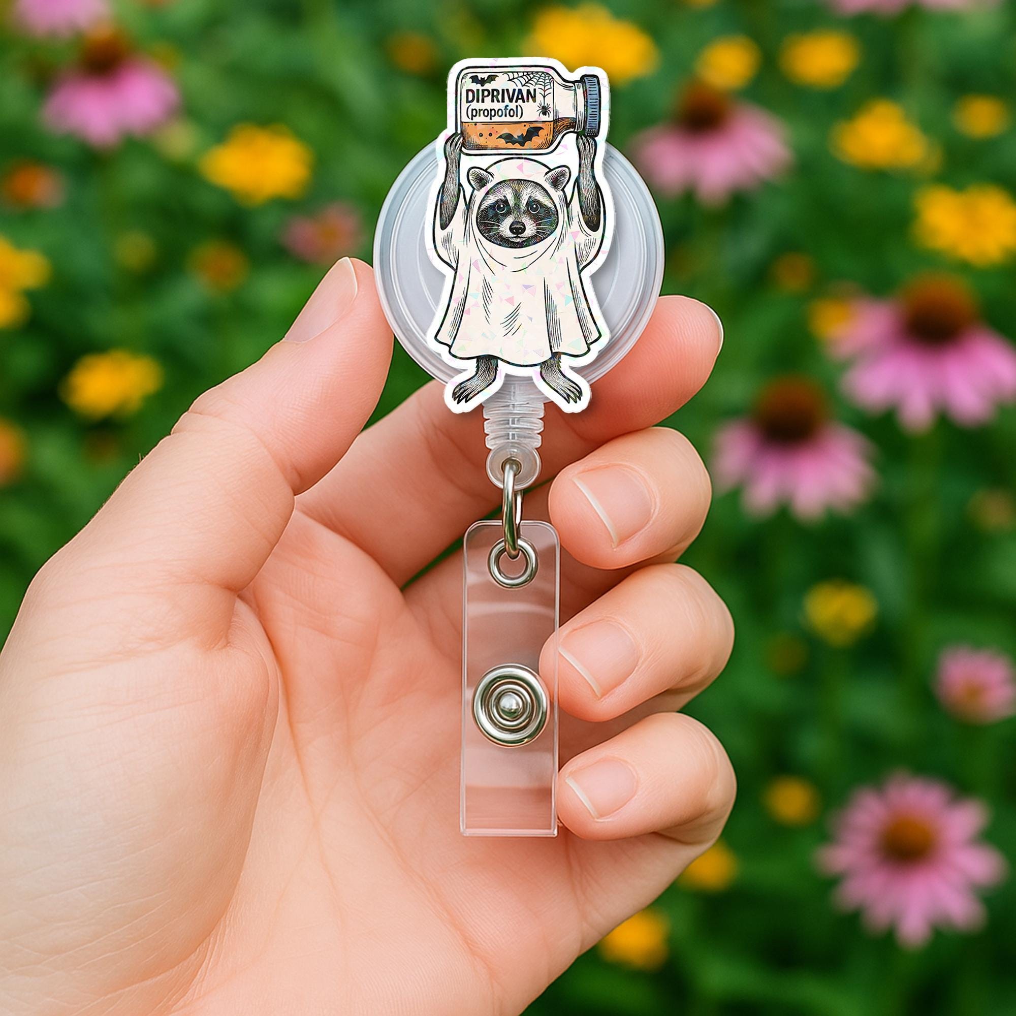 Raccoon Nurse Badge Reel – Halloween ICU Holographic ID Holder for Medical Staff