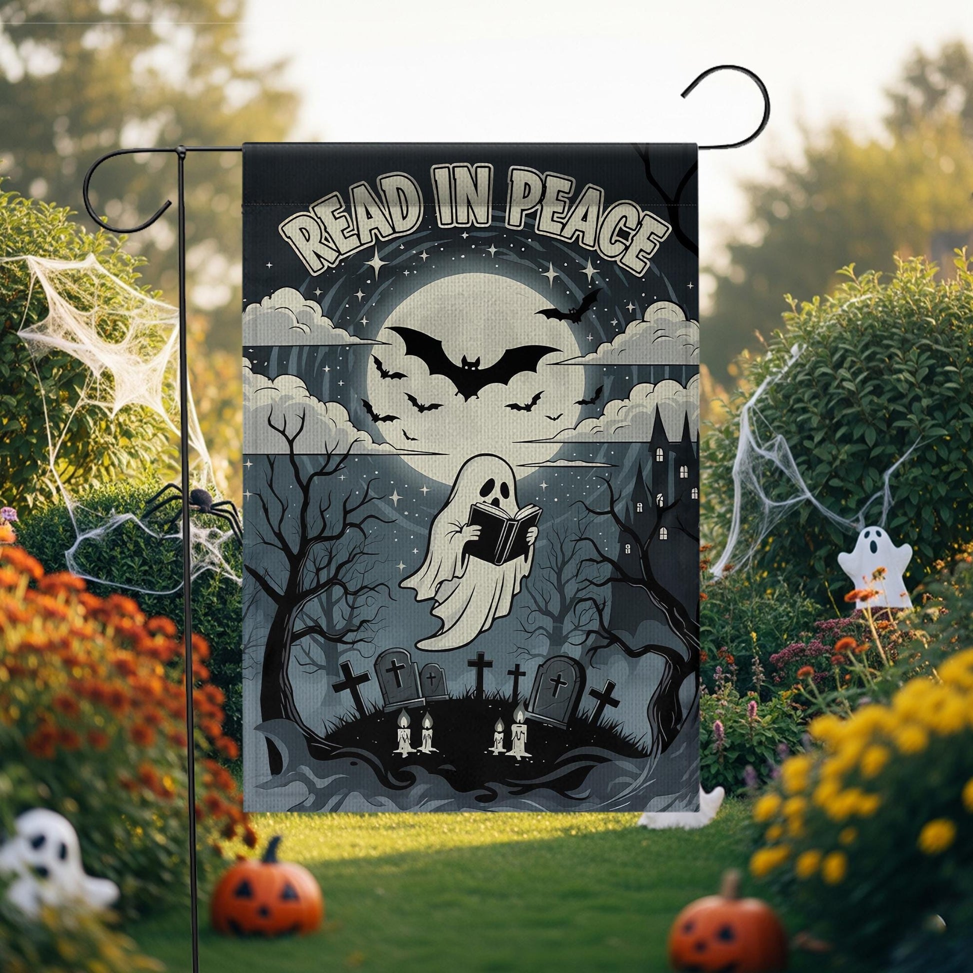 Read In Peace Ghost Garden Flag: Spooky Halloween Decor