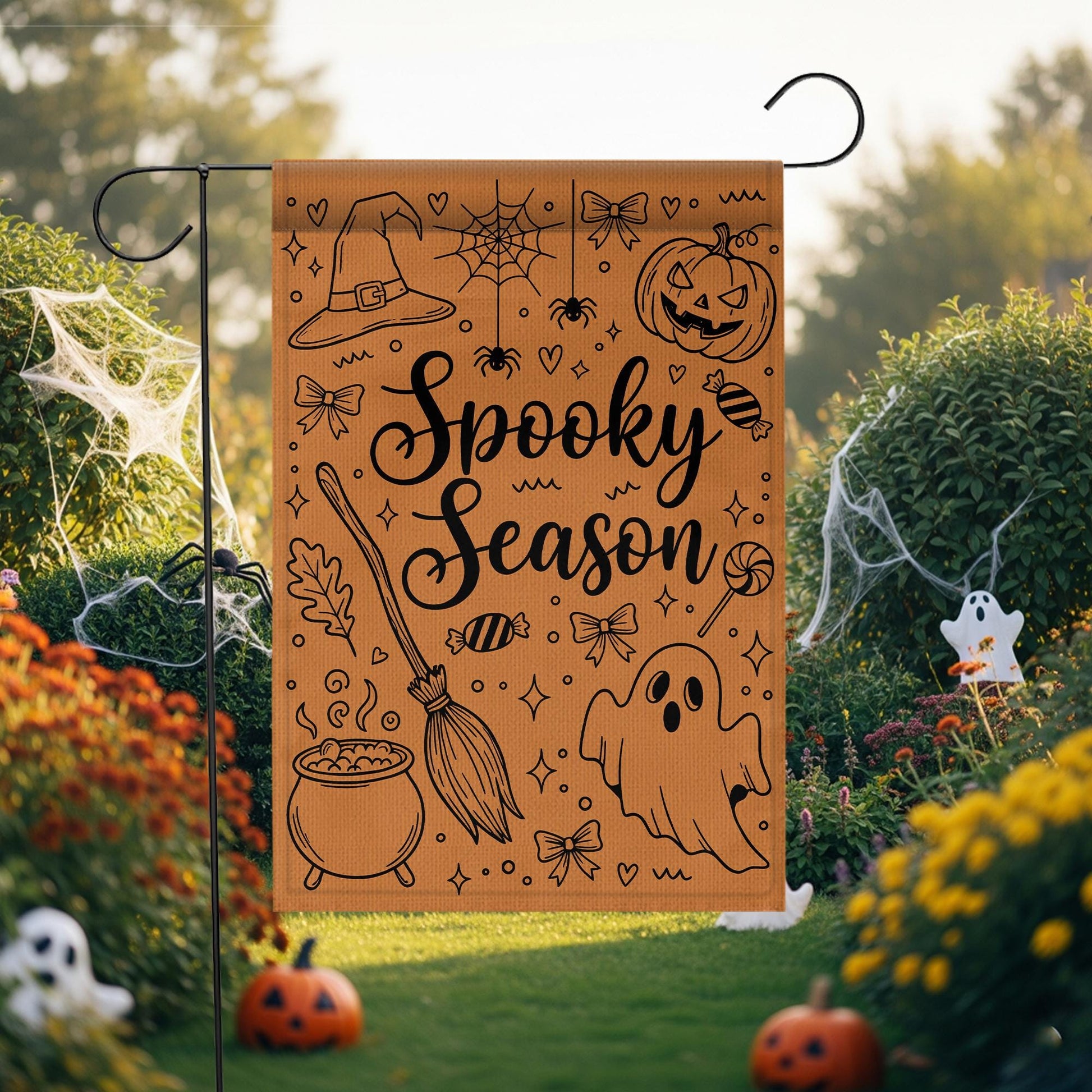 Spooky Season Garden Flag, Cute Halloween Doodle Art, Minimalist Porch Decor, Witchy Ghost and Pumpkin Outdoor Sign, Fall Yard Decoration