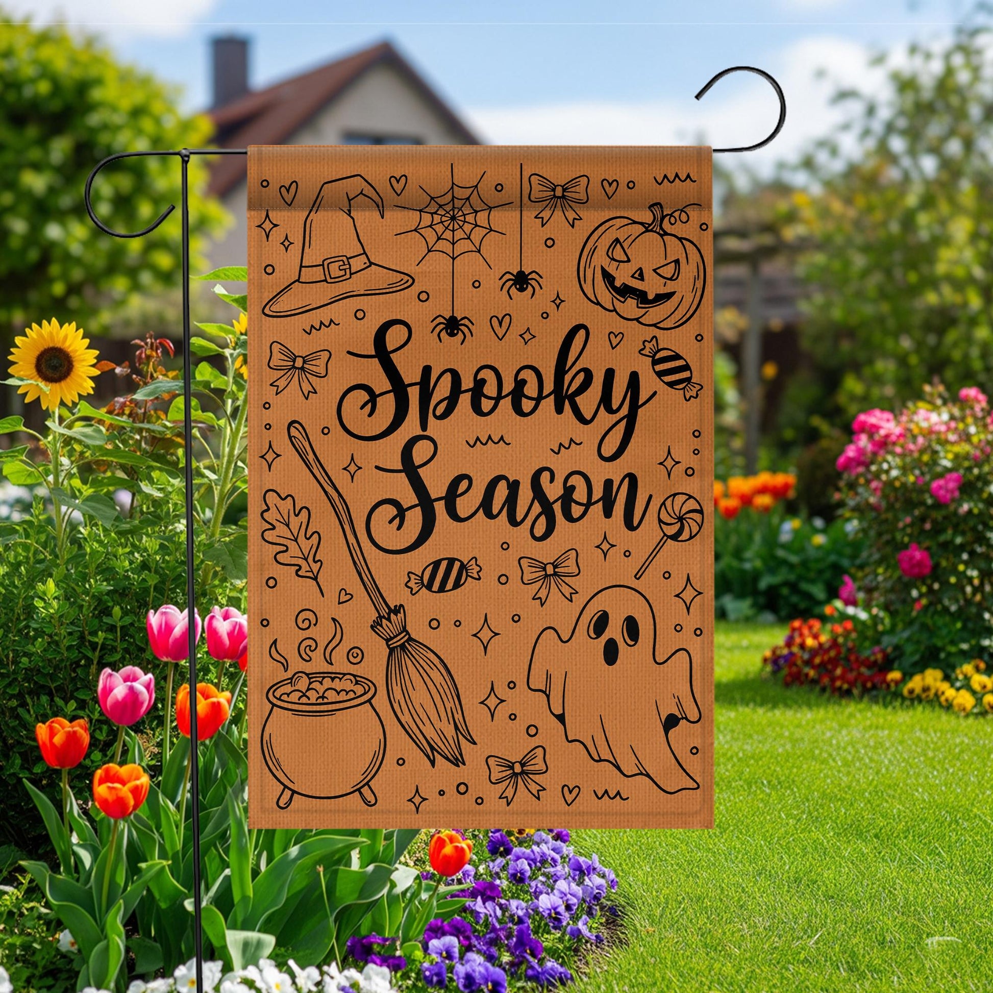 Spooky Season Garden Flag, Cute Halloween Doodle Art, Minimalist Porch Decor, Witchy Ghost and Pumpkin Outdoor Sign, Fall Yard Decoration