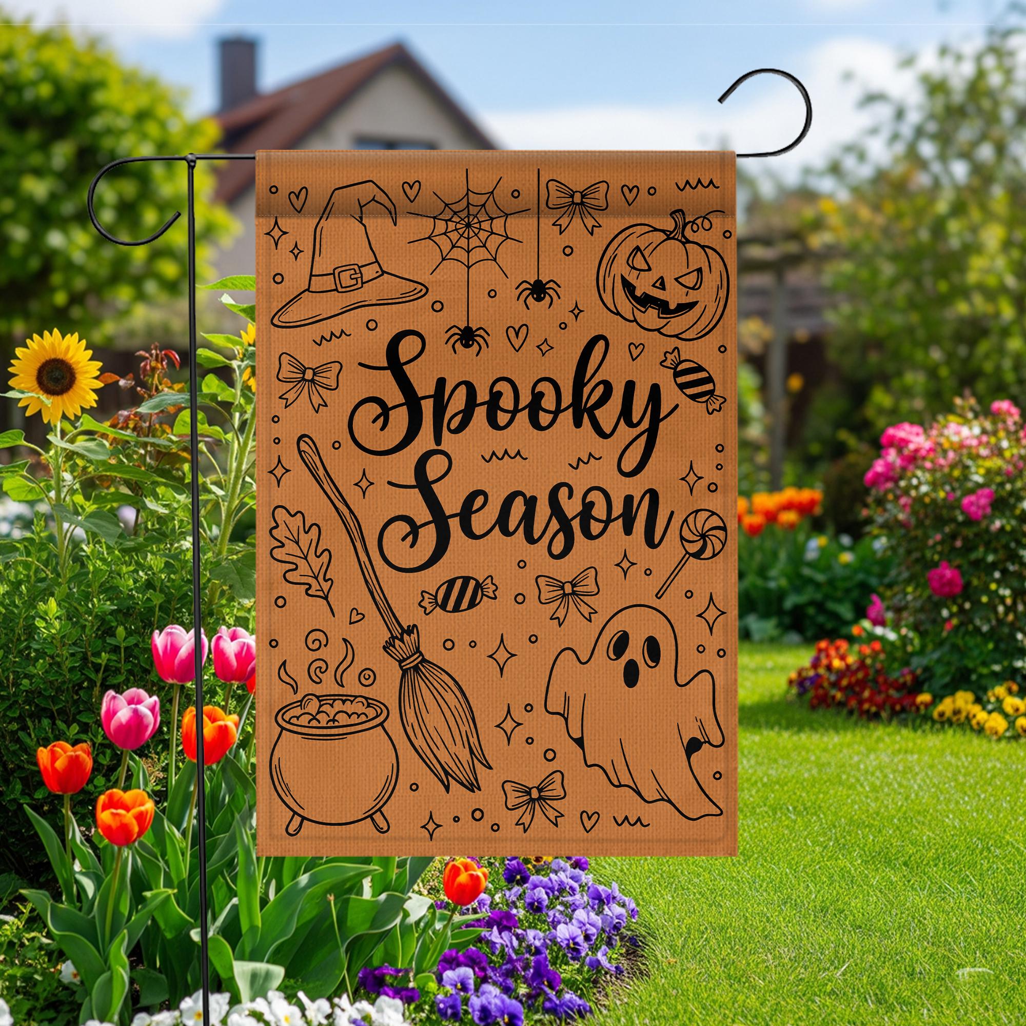 Spooky Season Garden Flag, Cute Halloween Doodle Art, Minimalist Porch Decor, Witchy Ghost and Pumpkin Outdoor Sign, Fall Yard Decoration