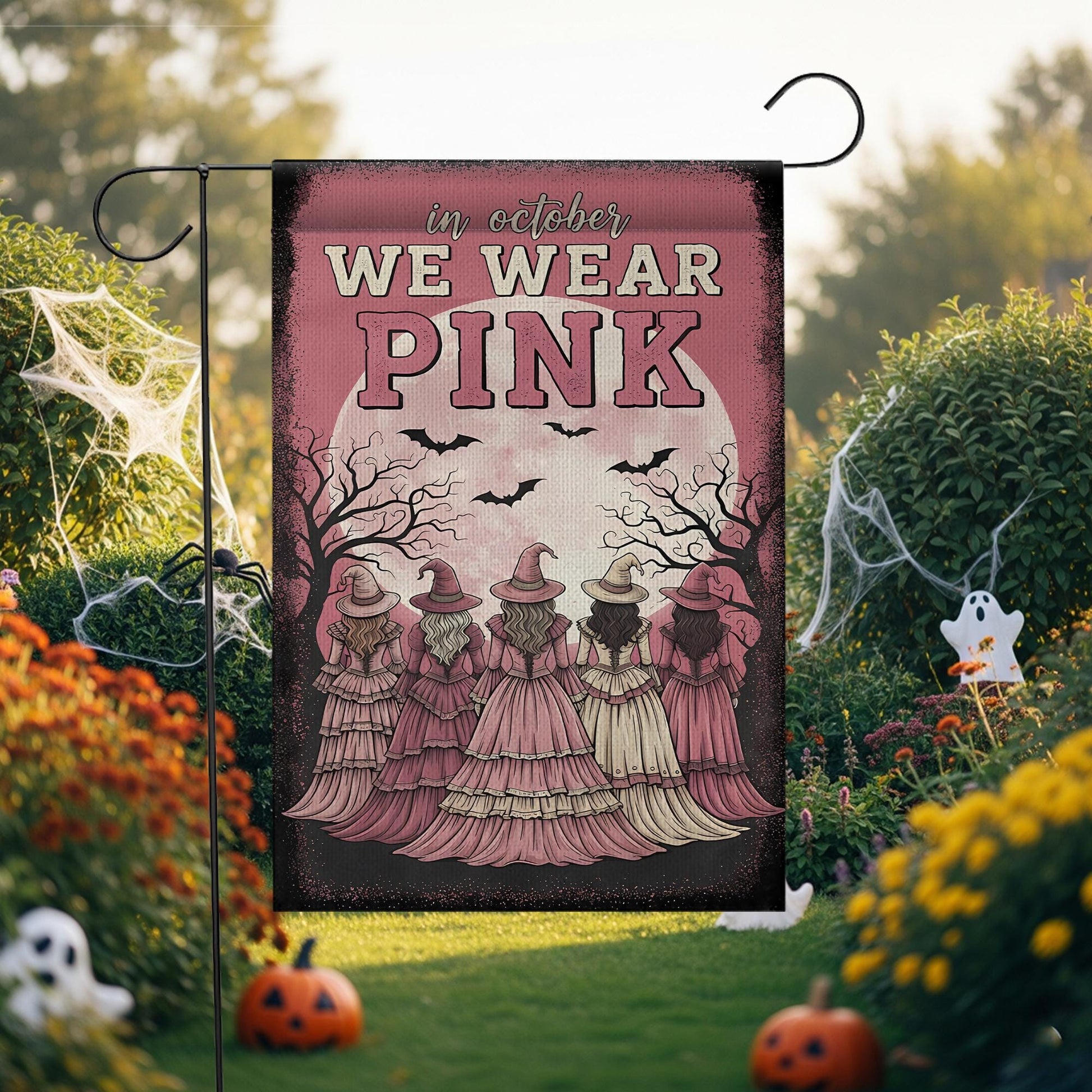 Pink Halloween Witches Garden Flag: Spooky Coven Sisterhood Decor