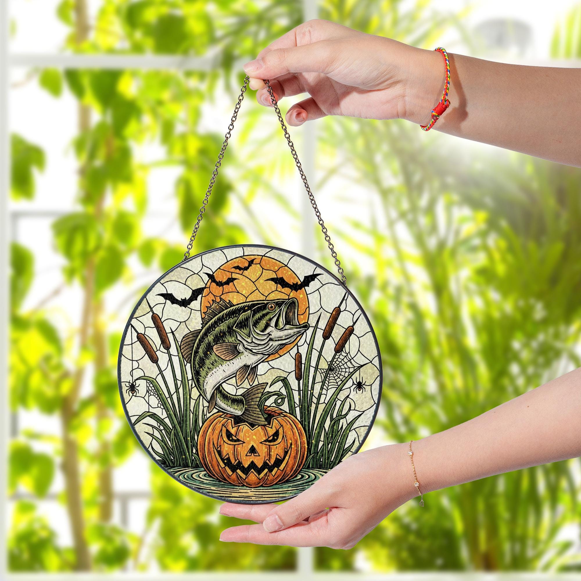 Halloween Bass Fishing Suncatcher: Pumpkin Window Hanging, Spooky Angler Gift