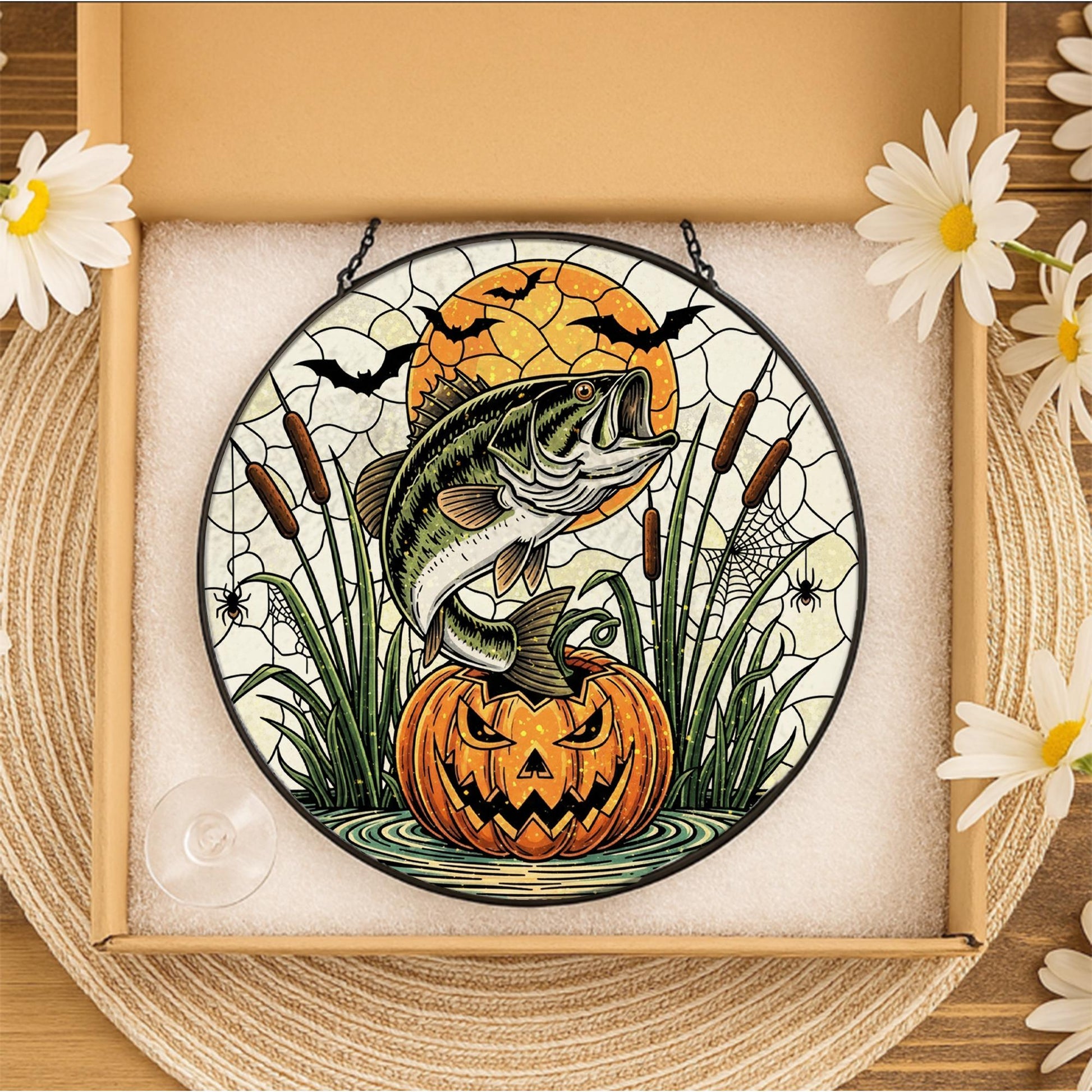 Halloween Bass Fishing Suncatcher: Pumpkin Window Hanging, Spooky Angler Gift