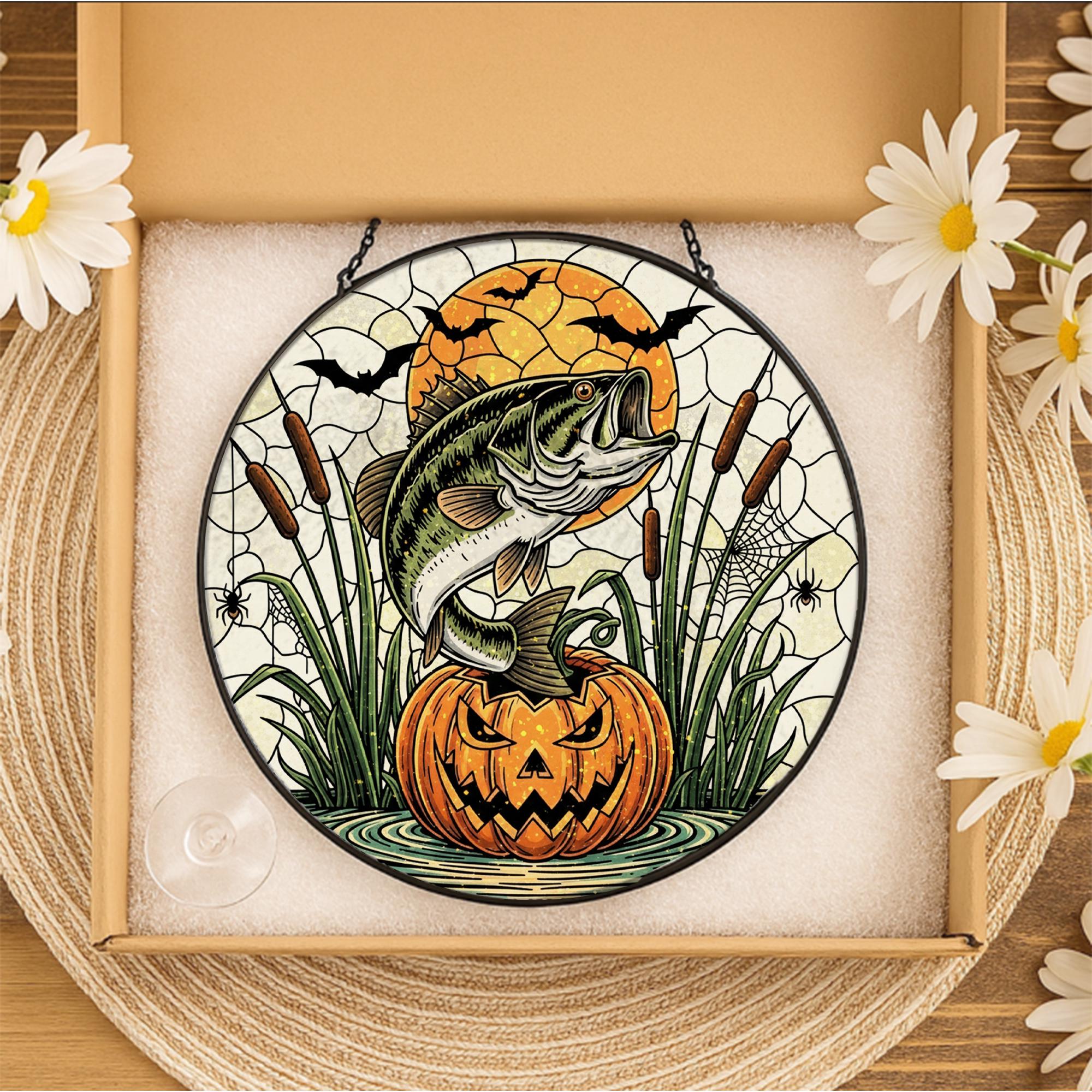 Halloween Bass Fishing Suncatcher: Pumpkin Window Hanging, Spooky Angler Gift