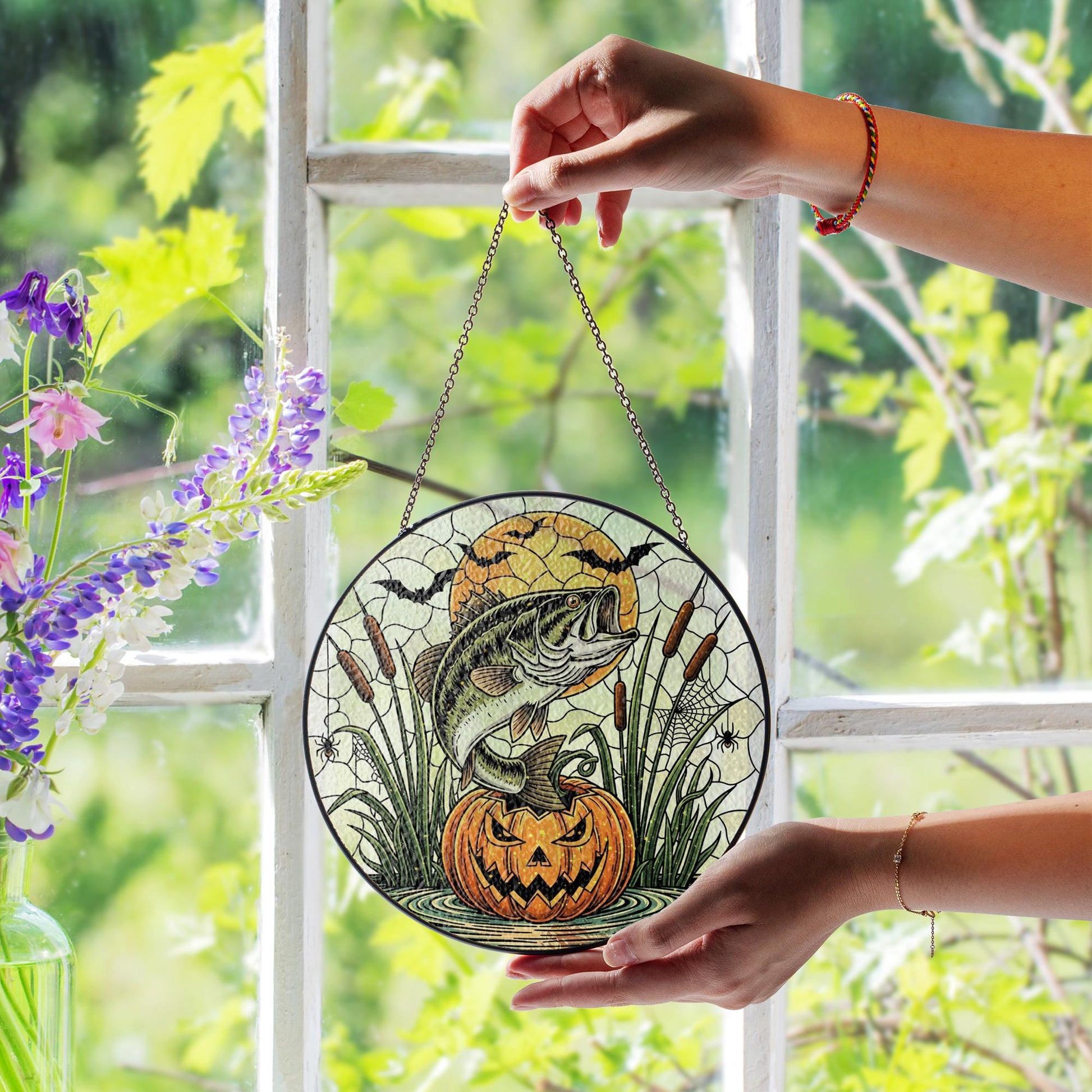 Halloween Bass Fishing Suncatcher: Pumpkin Window Hanging, Spooky Angler Gift