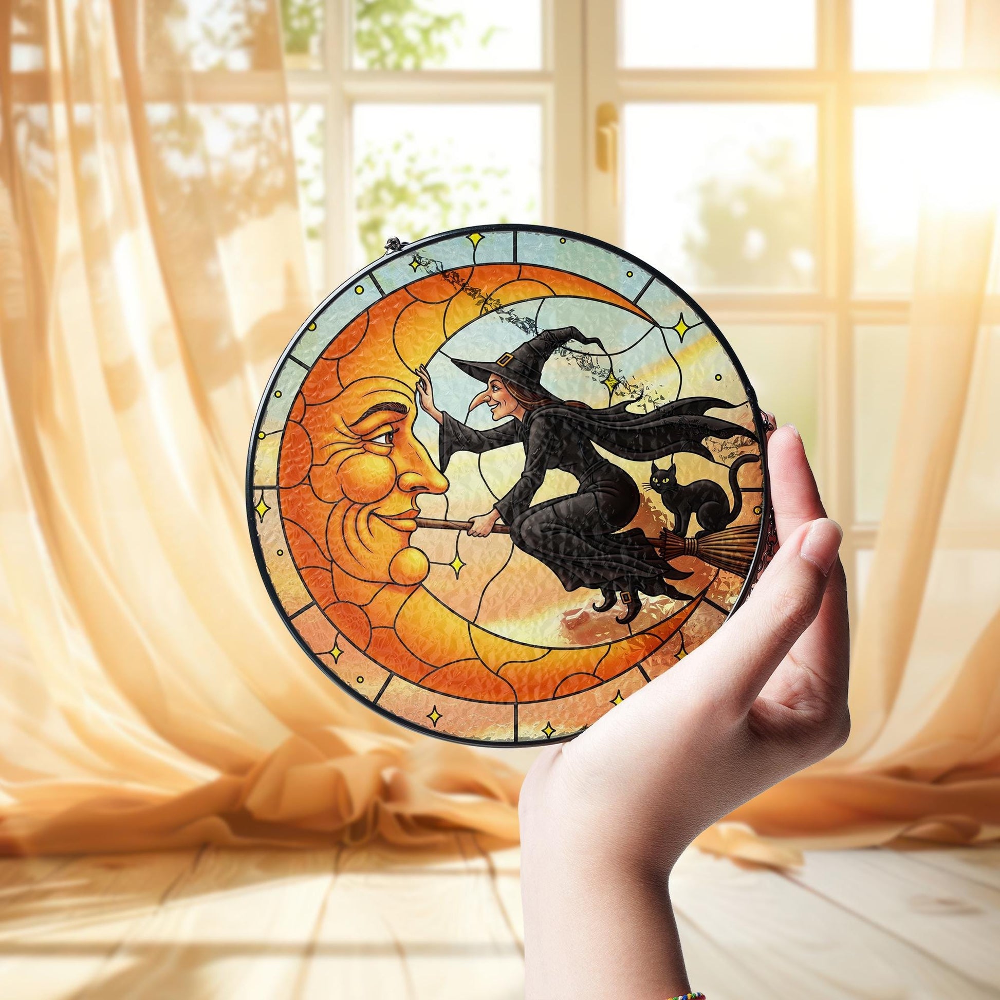 Vintage Halloween Suncatcher: Witch & Black Cat Glass Window Art