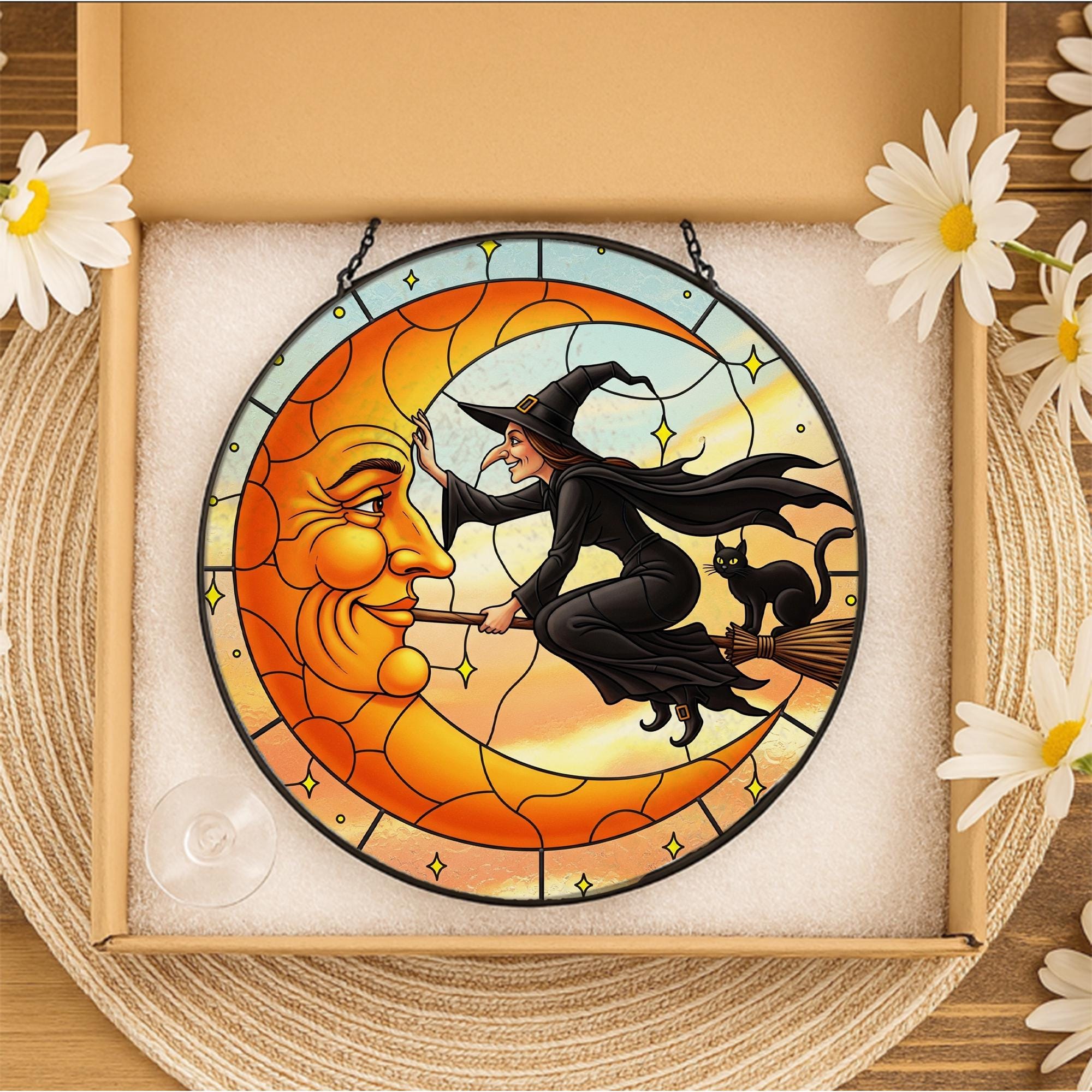 Vintage Halloween Suncatcher: Witch & Black Cat Glass Window Art