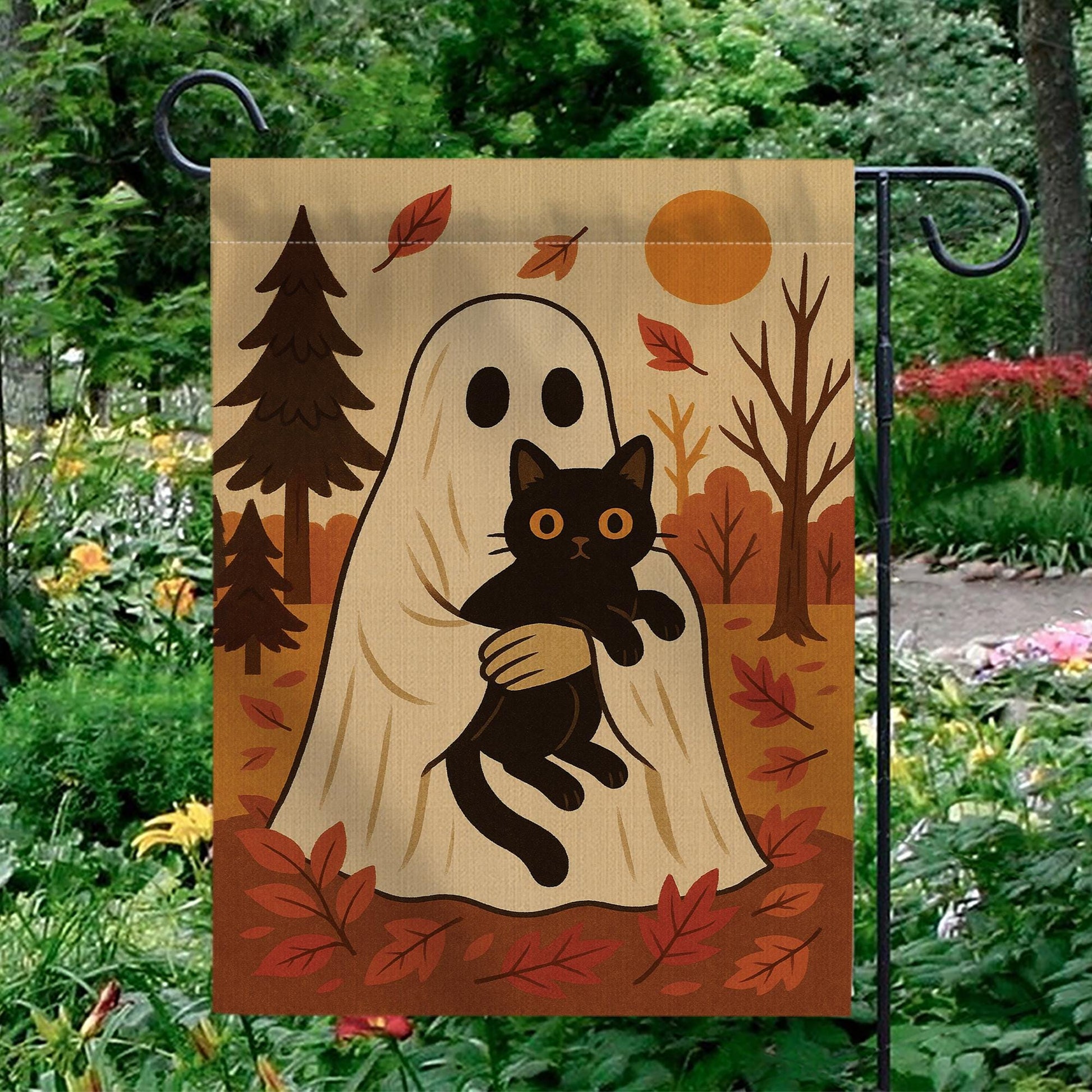 Halloween Ghost Garden Flag, Black Cat Fall Yard Decor, Autumn Outdoor Flag, Cute Halloween Flag, Fall Porch Flag, Ghost Cat Flag
