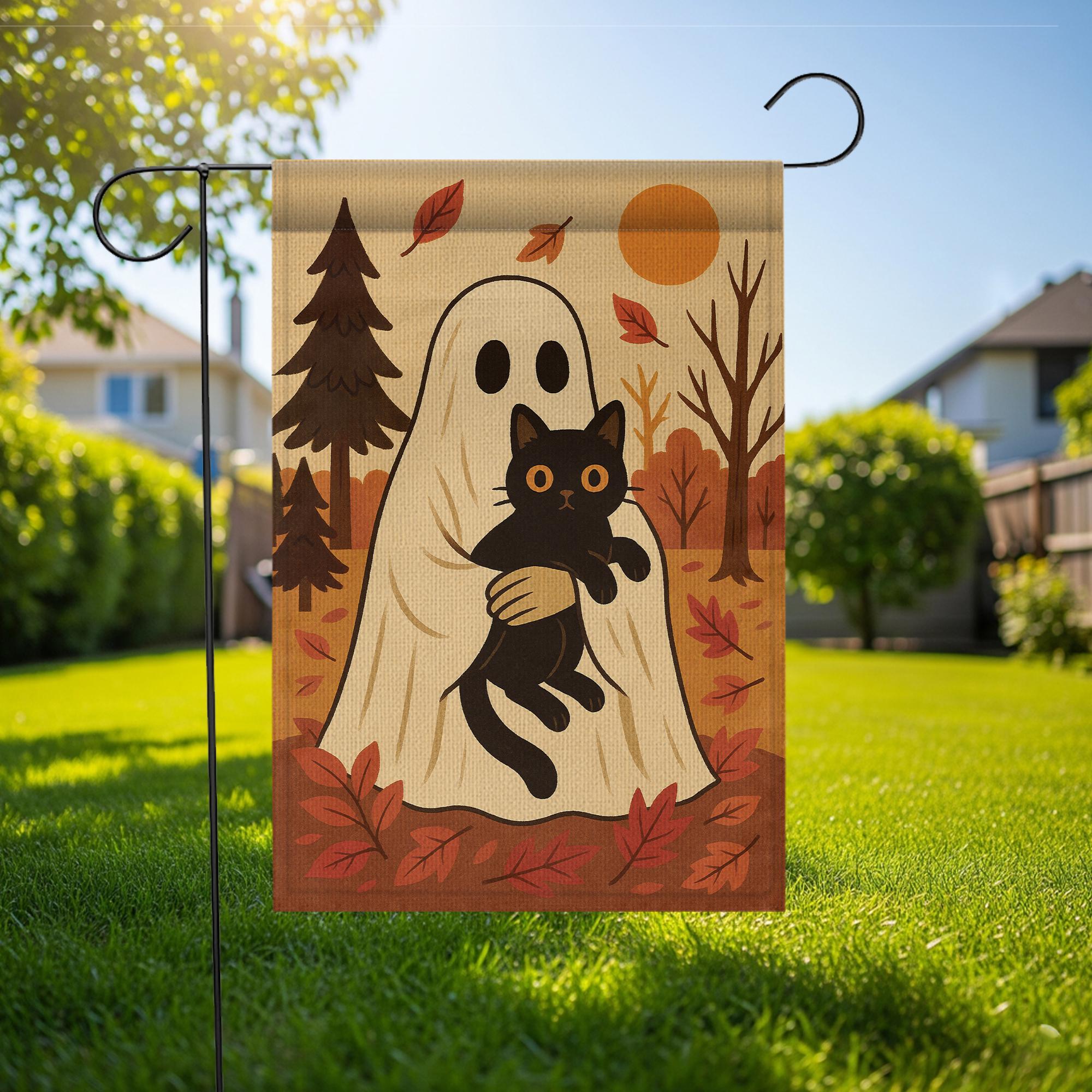 Halloween Ghost Garden Flag, Black Cat Fall Yard Decor, Autumn Outdoor Flag, Cute Halloween Flag, Fall Porch Flag, Ghost Cat Flag