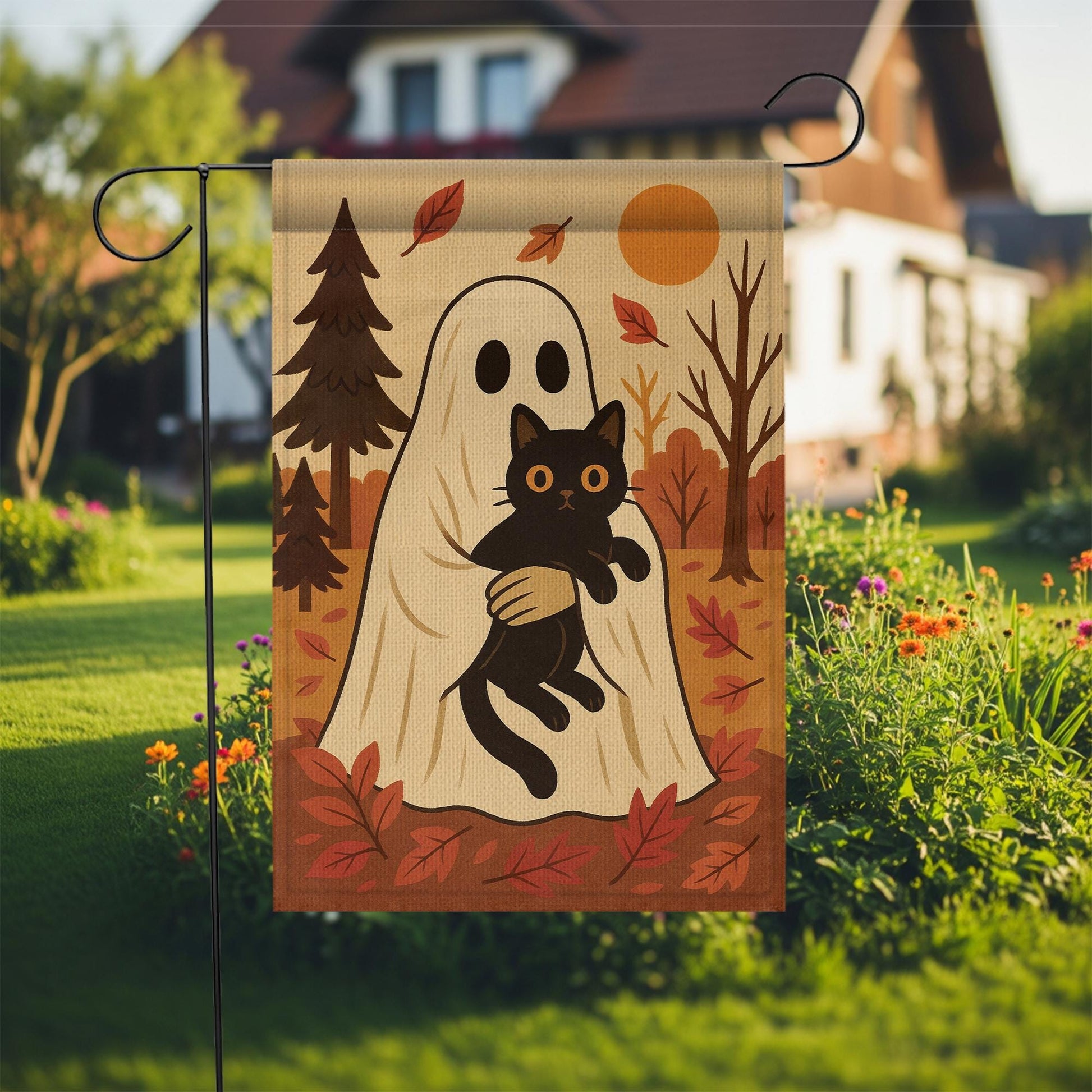 Halloween Ghost Garden Flag, Black Cat Fall Yard Decor, Autumn Outdoor Flag, Cute Halloween Flag, Fall Porch Flag, Ghost Cat Flag