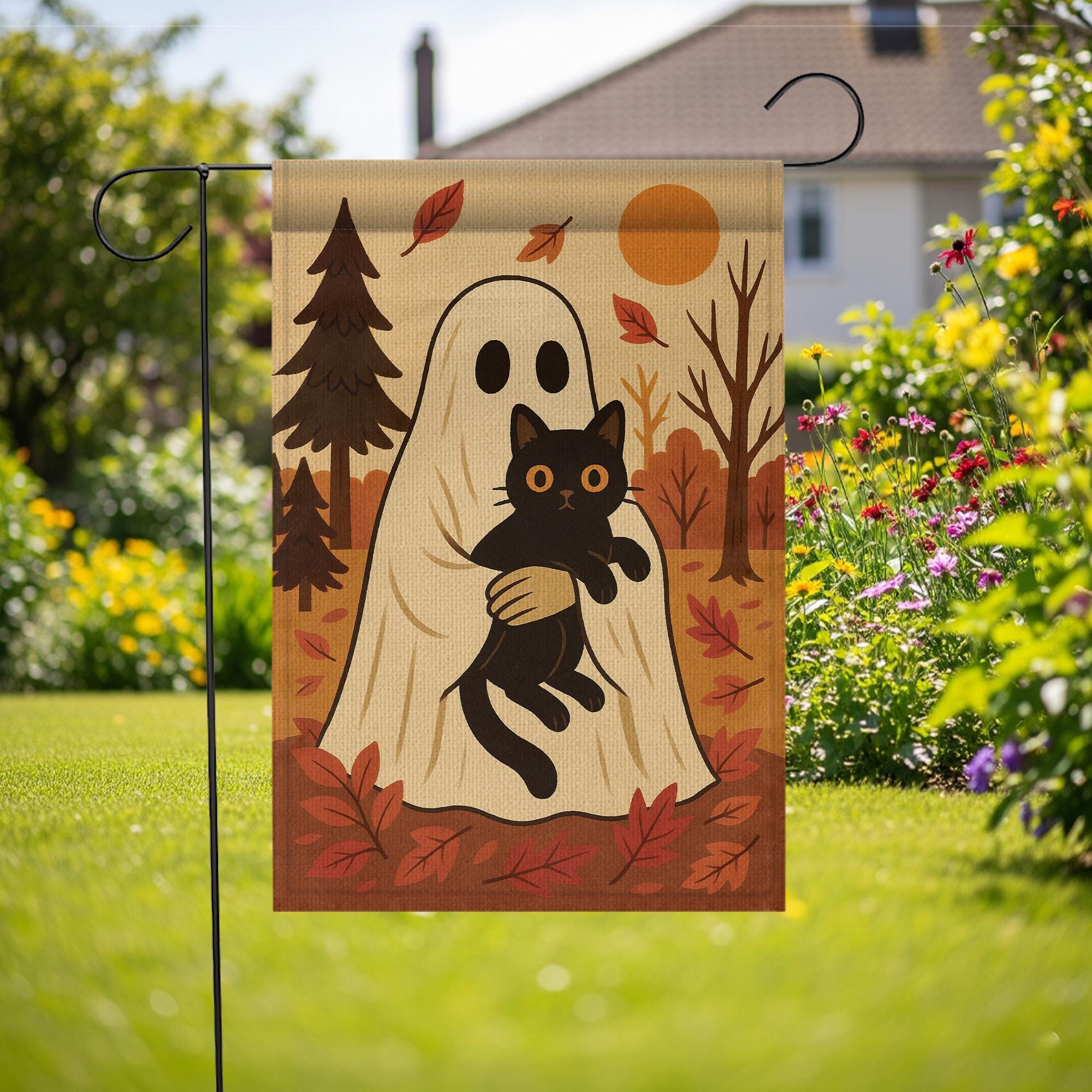 Halloween Ghost Garden Flag, Black Cat Fall Yard Decor, Autumn Outdoor Flag, Cute Halloween Flag, Fall Porch Flag, Ghost Cat Flag