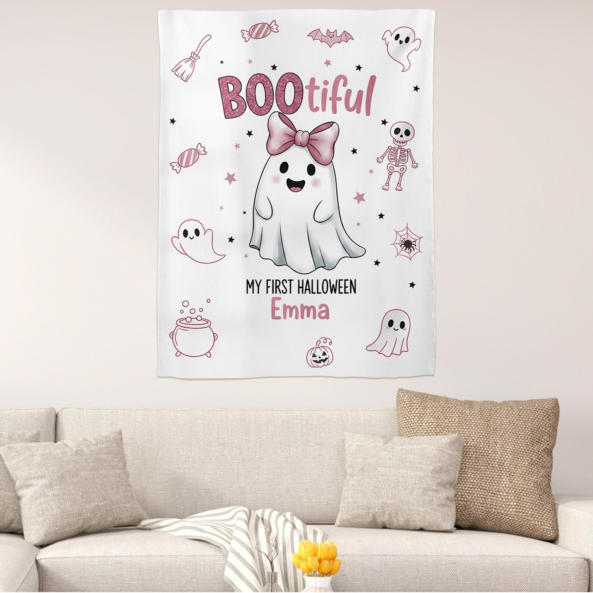 Personalized Baby's First Halloween Tapestry: Pink Ghost Decor
