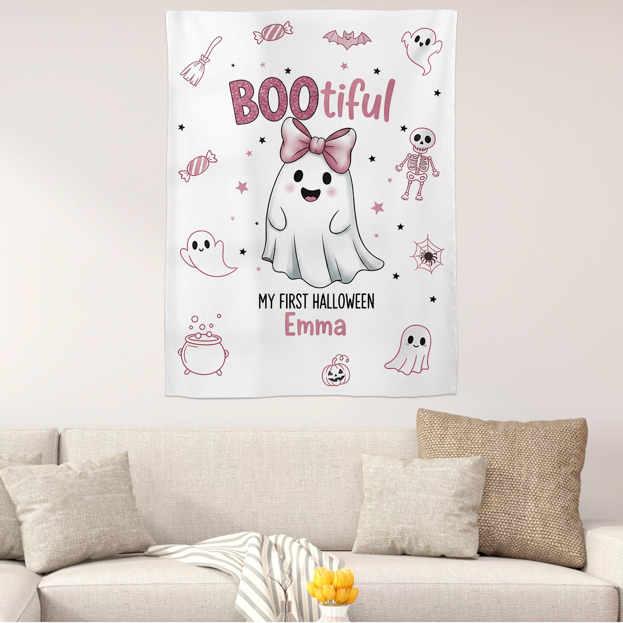 Personalized Baby's First Halloween Tapestry: Pink Ghost Decor