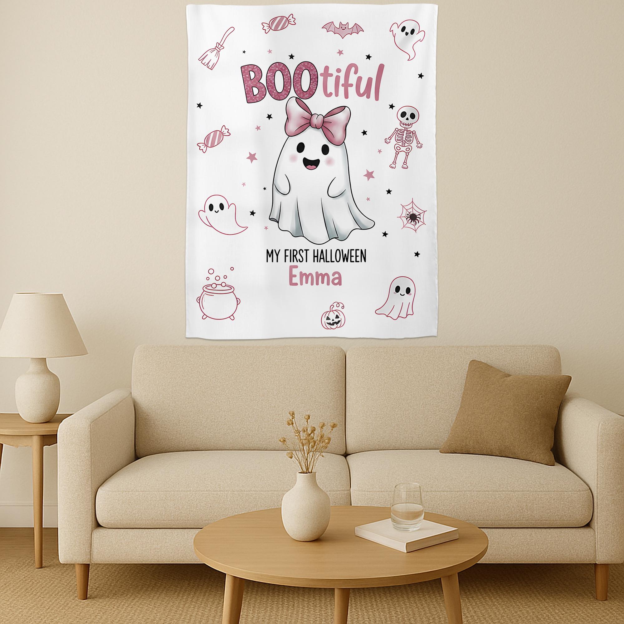 Personalized Baby's First Halloween Tapestry: Pink Ghost Decor