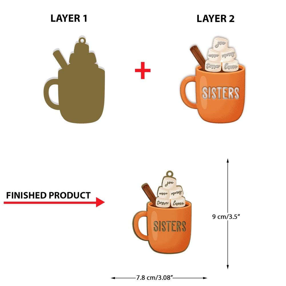 Personalized Sisters Ornament: Custom Hot Cocoa Mug, Sibling Gift