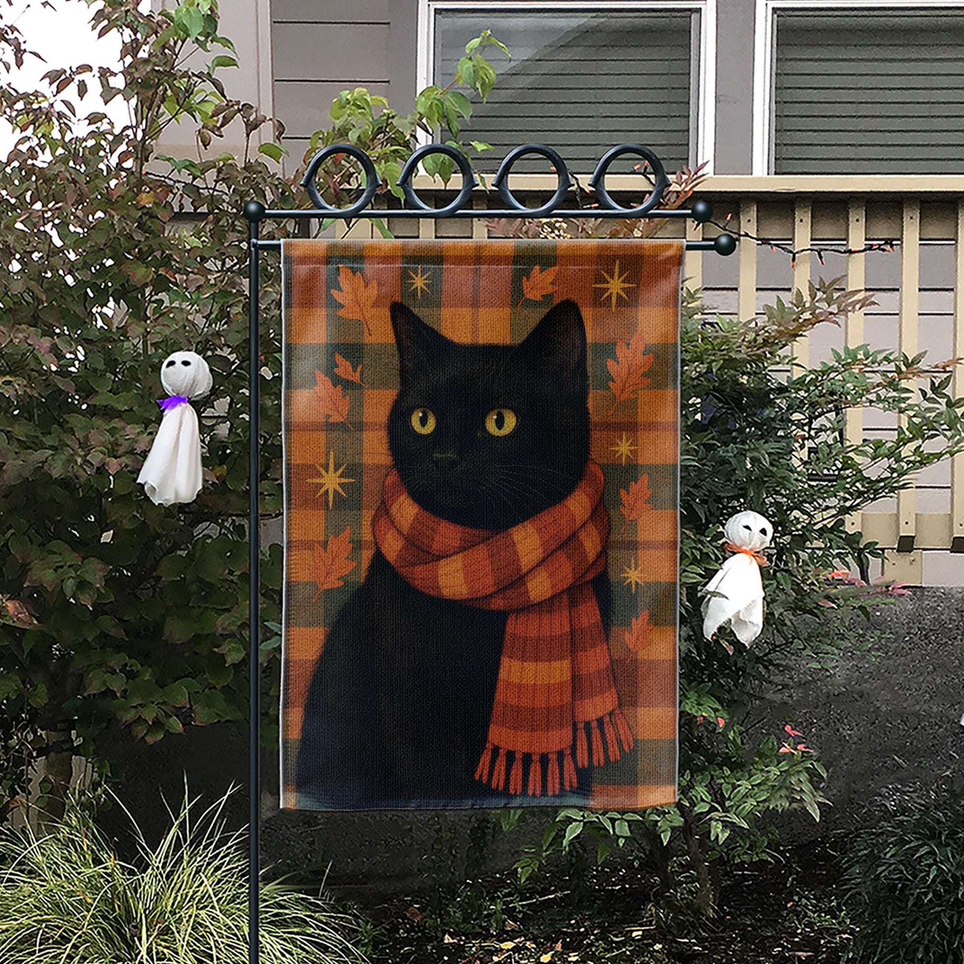 Black Cat Garden Flag, Fall Decor, Autumn Flag, Cat with Scarf, Outdoor Garden Flag, Fall Yard Flag, Halloween Flag, Cat Lover Gift