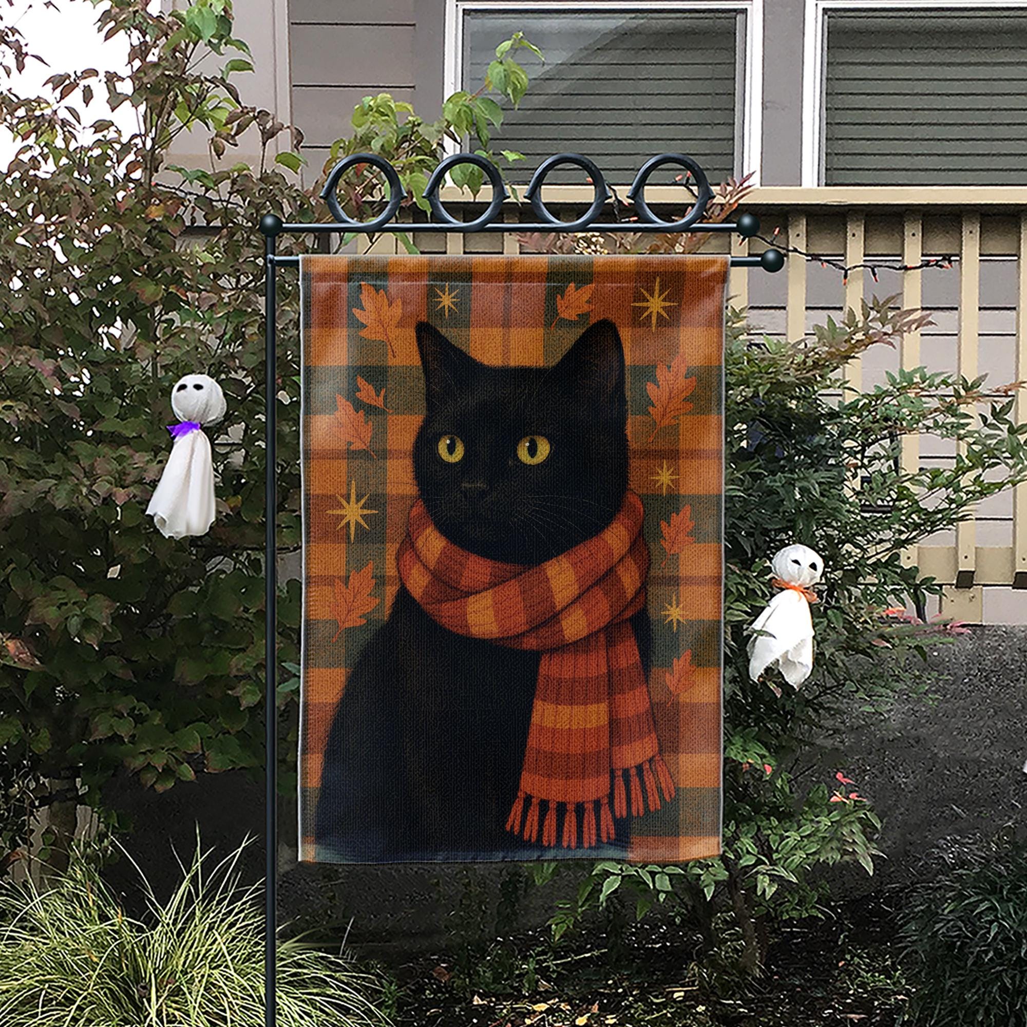 Black Cat Garden Flag, Fall Decor, Autumn Flag, Cat with Scarf, Outdoor Garden Flag, Fall Yard Flag, Halloween Flag, Cat Lover Gift