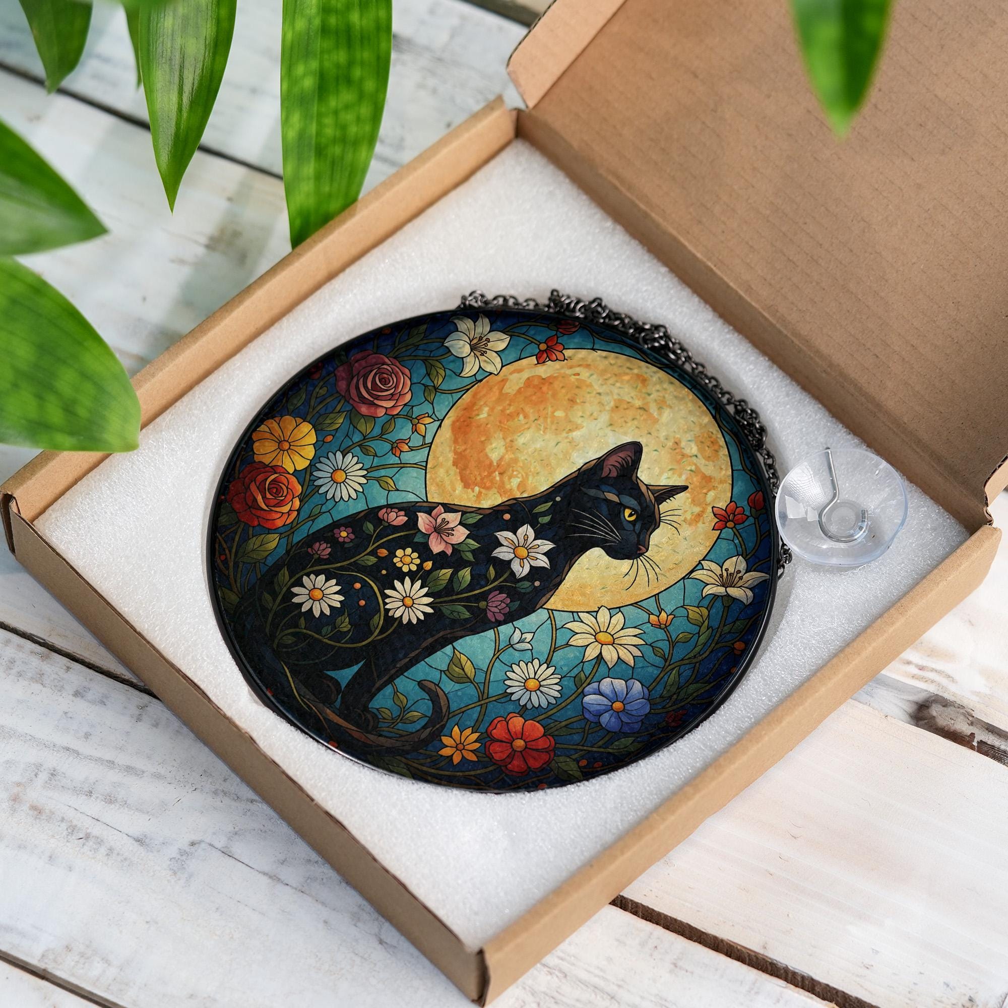 Black Cat Glass Suncatcher, Faux Stained Glass Window Hanging, Floral Moon Decor, Cat Lover Gift, Nature Art, Handmade Glass Art