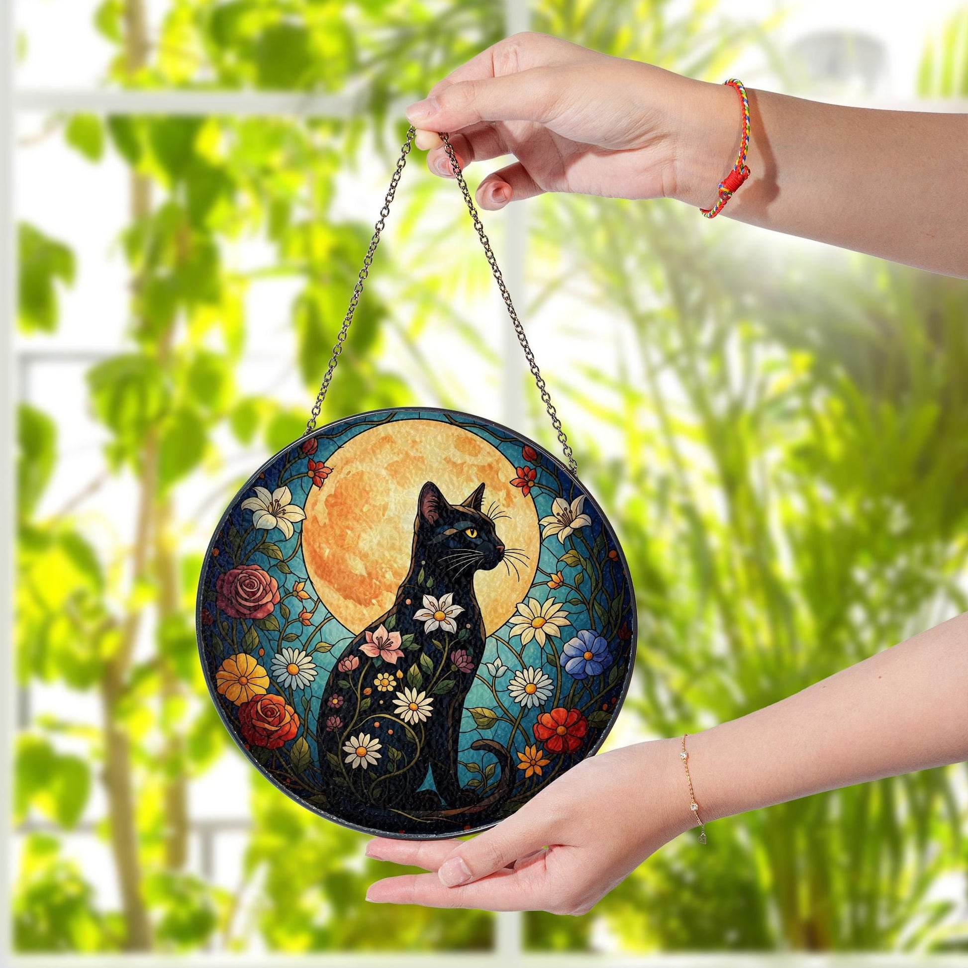 Black Cat Glass Suncatcher, Faux Stained Glass Window Hanging, Floral Moon Decor, Cat Lover Gift, Nature Art, Handmade Glass Art