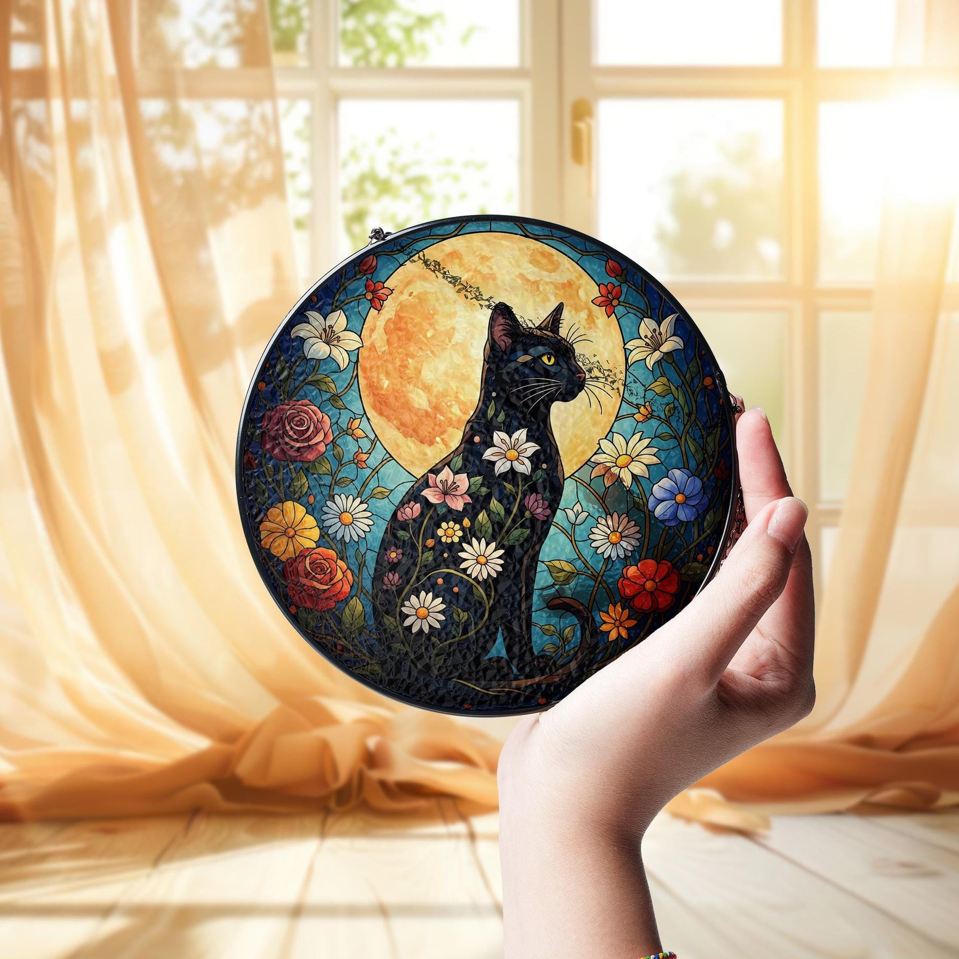 Black Cat Glass Suncatcher, Faux Stained Glass Window Hanging, Floral Moon Decor, Cat Lover Gift, Nature Art, Handmade Glass Art