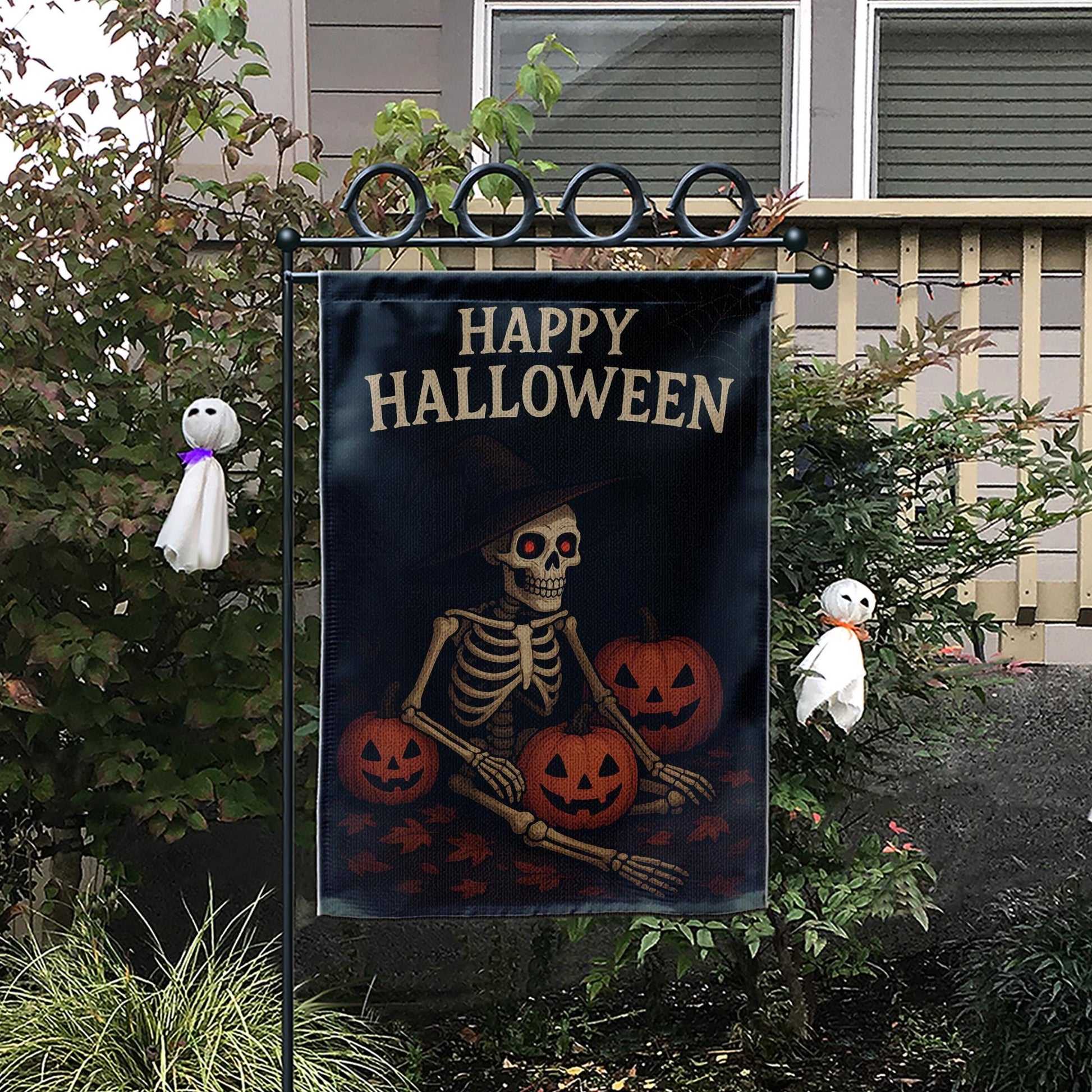 Happy Halloween Garden Flag, Skeleton Witch with Pumpkins, Fall Outdoor Decor, Halloween Flag for Yard, Spooky Skeleton, Fall Garden Flag