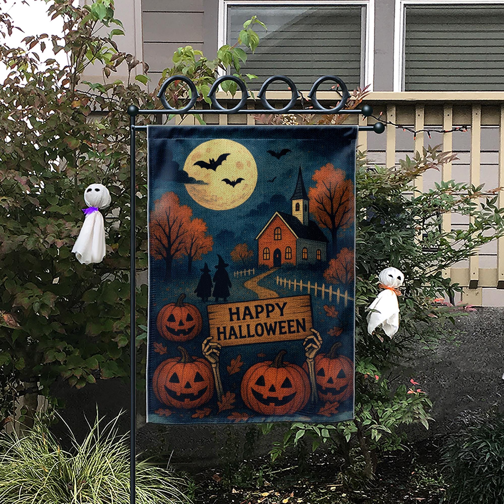 Happy Halloween Garden Flag, Halloween Outdoor Decor, Fall Yard Flag, Spooky Pumpkin Flag, Witch Decor, Moonlight Flag, Autumn Flag