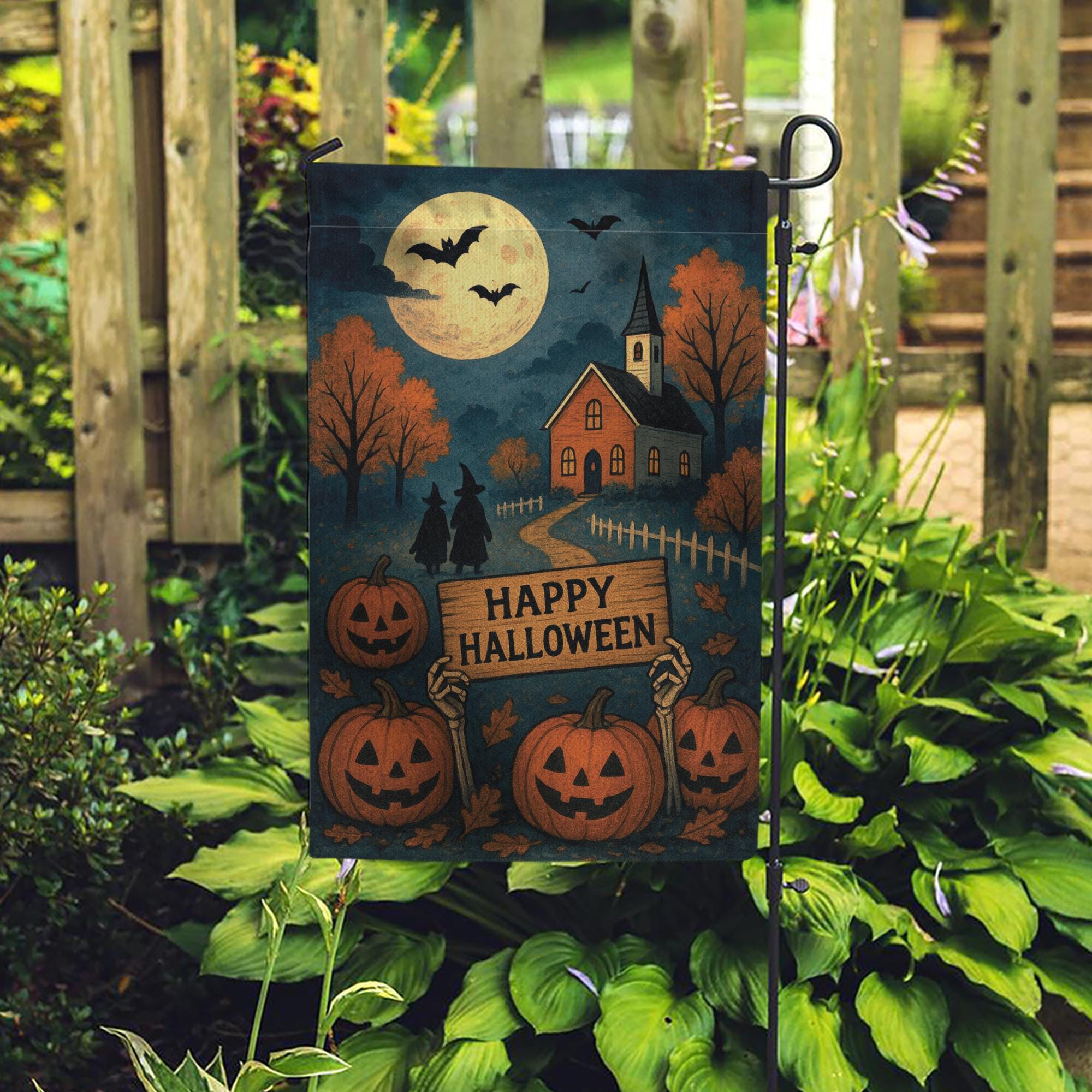 Happy Halloween Garden Flag, Halloween Outdoor Decor, Fall Yard Flag, Spooky Pumpkin Flag, Witch Decor, Moonlight Flag, Autumn Flag