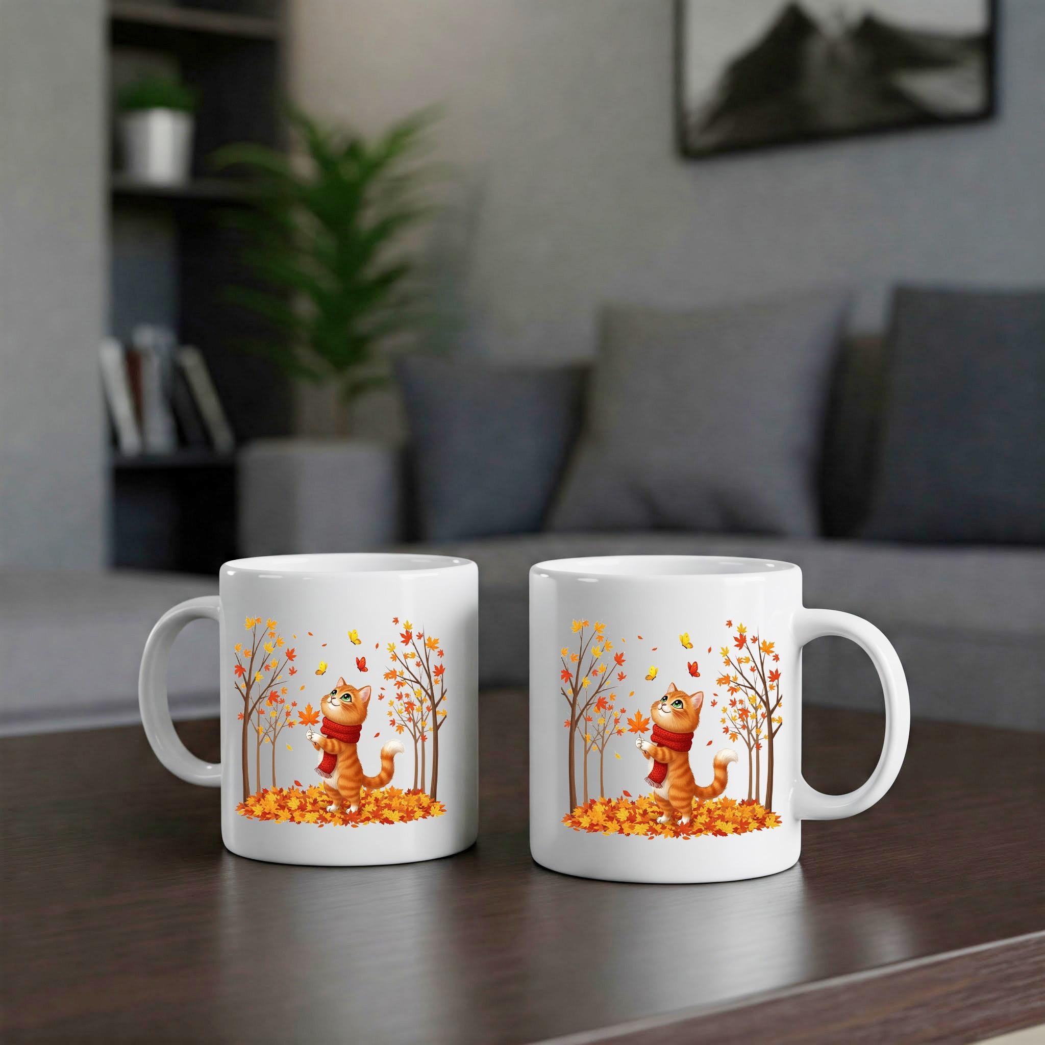 Fall Cat Mug: Autumn Leaves Coffee Cup - Spooky Season