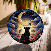 Black Cat Glass Suncatcher, Moon Butterfly Window Decor, Floral Night Sky Art, Gift for Cat Lovers, Handmade Stained Glass